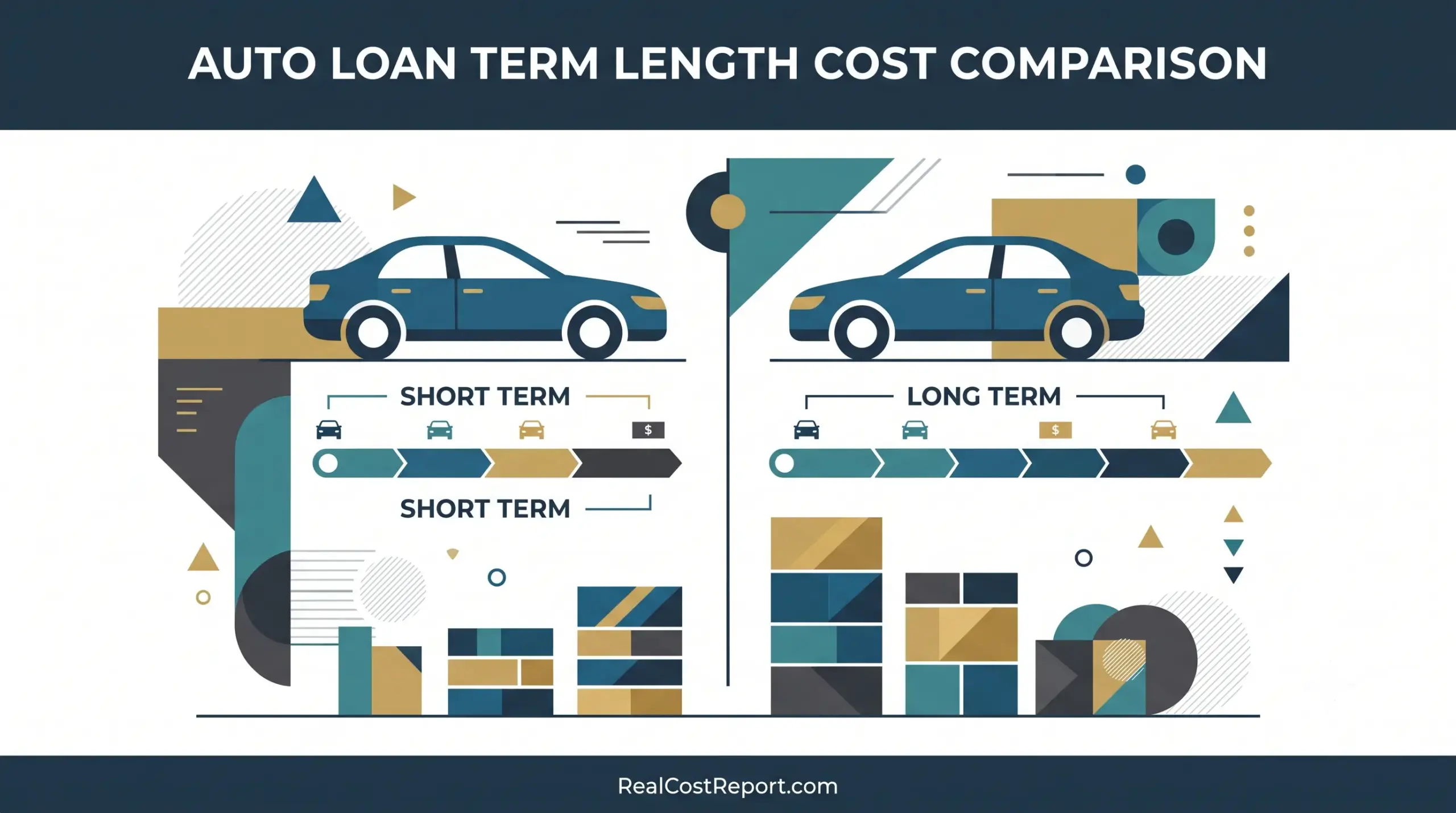 Modern geometric vector graphic comparing short and long-term auto loans for a cost analysis report.