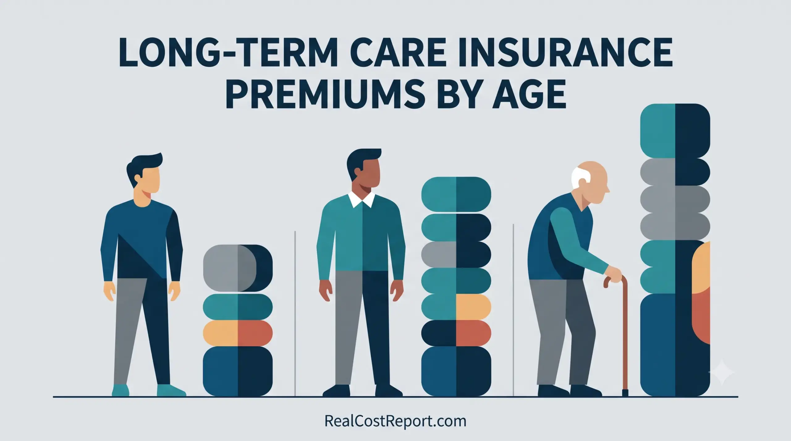 Geometric vector illustration shows stylized figures at different ages beside rising abstract stacks representing insurance premium costs by age.
