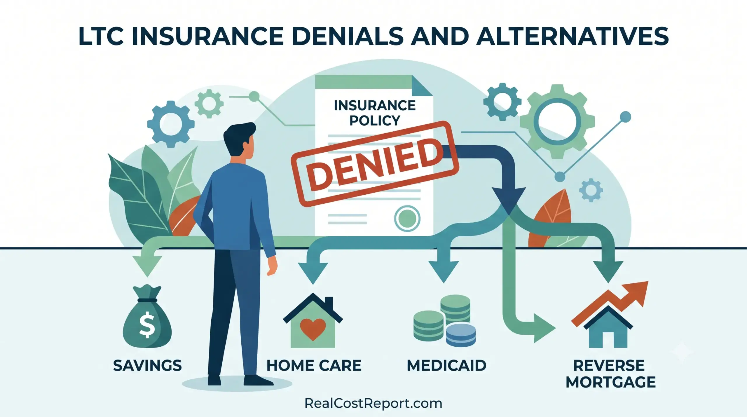 A conceptual illustration showing a person facing a denied insurance policy, branching out to alternative financial options like savings and Medicaid.