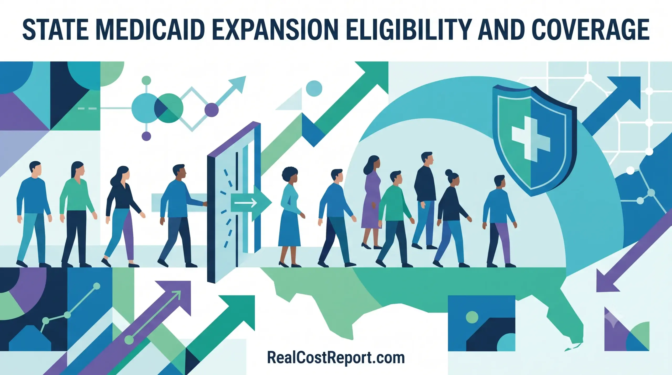 Geometric vector illustration showing diverse people entering an open door towards a medical shield, set against a US map background.