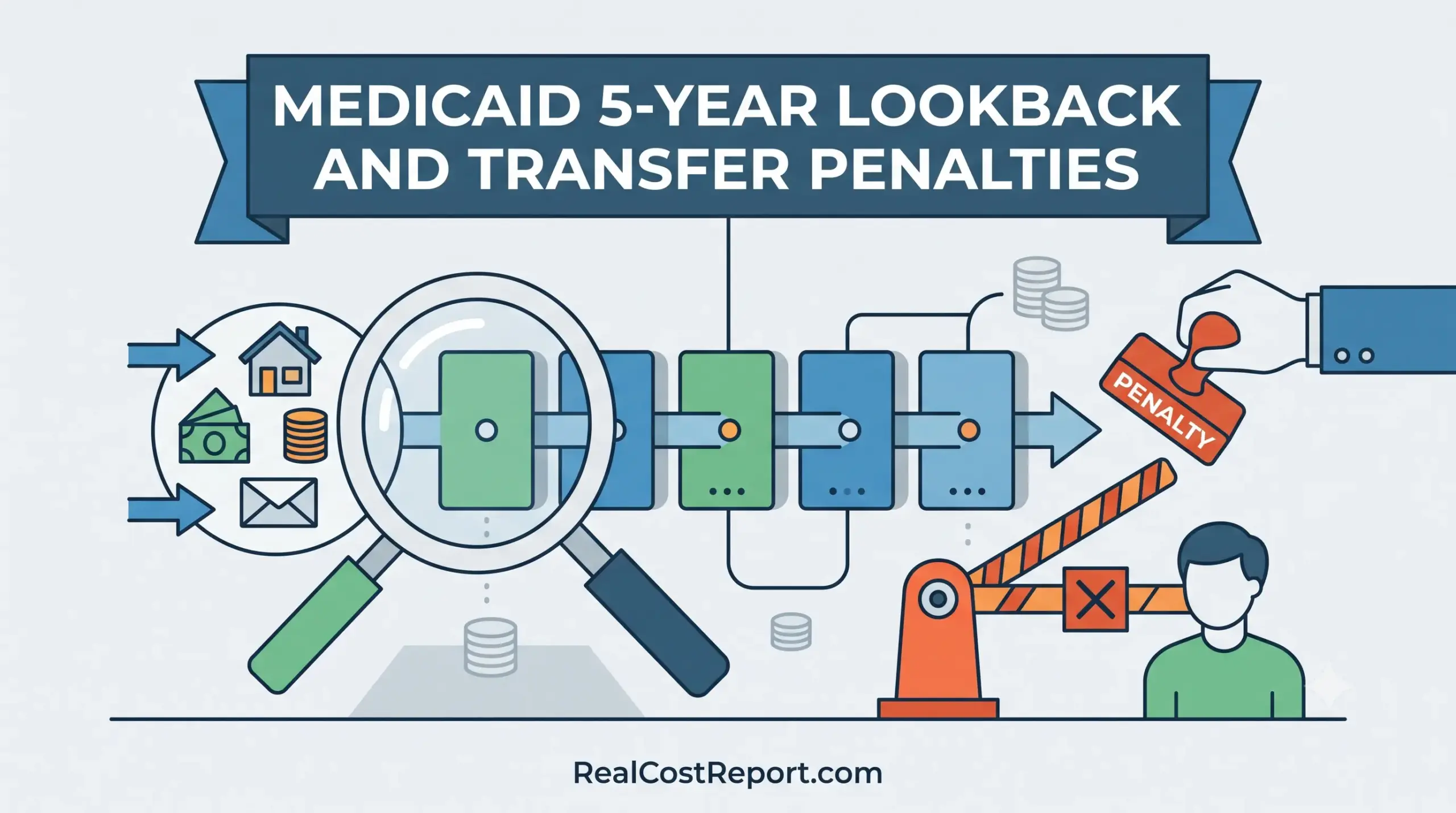 A flat vector illustration showing a five-block timeline scrutinized by a magnifying glass, with assets blocked by a penalty stamp and barrier.