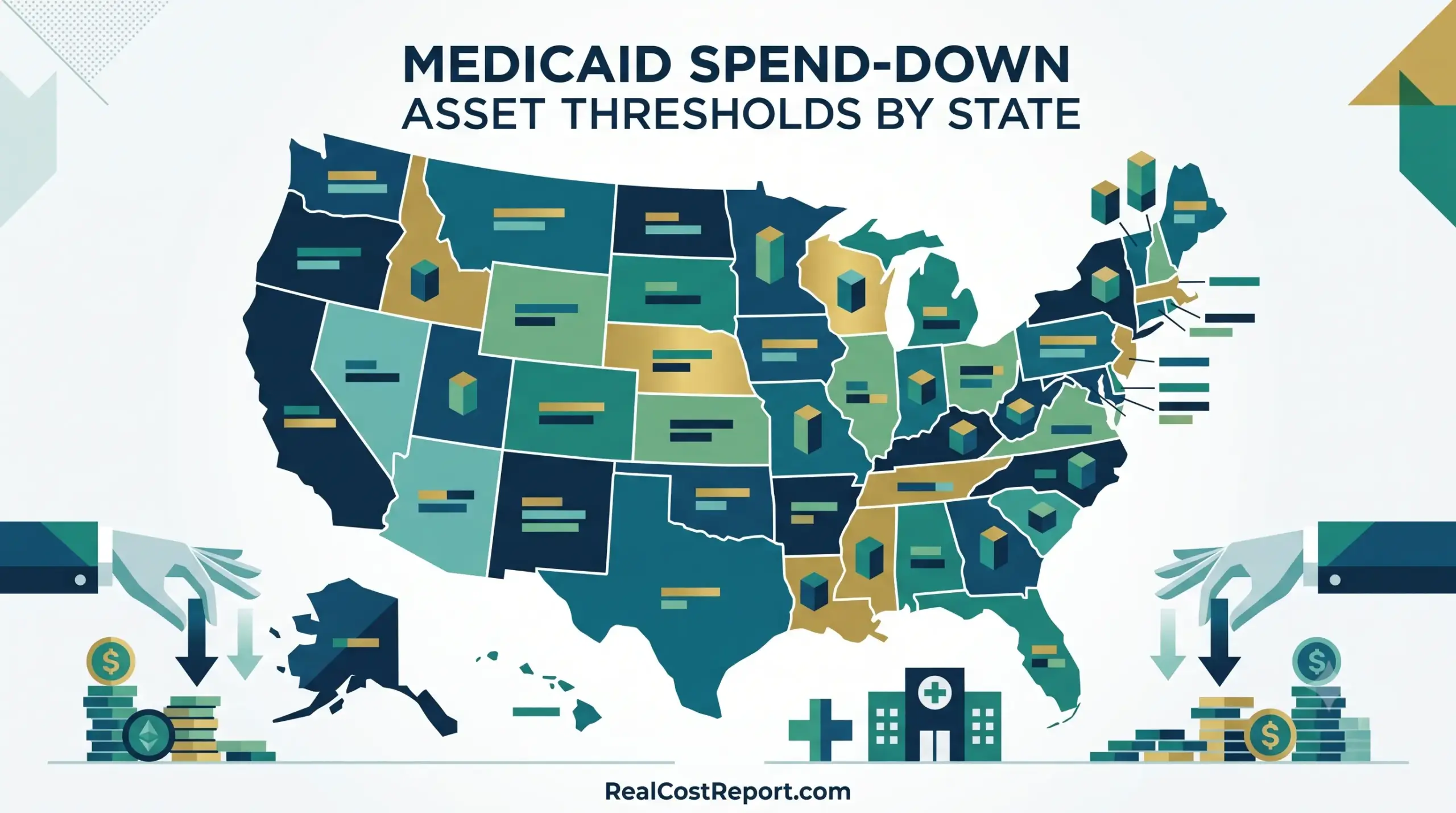 Geometric US map illustration comparing state Medicaid asset limits, featuring a medical building, coins, and downward arrows.
