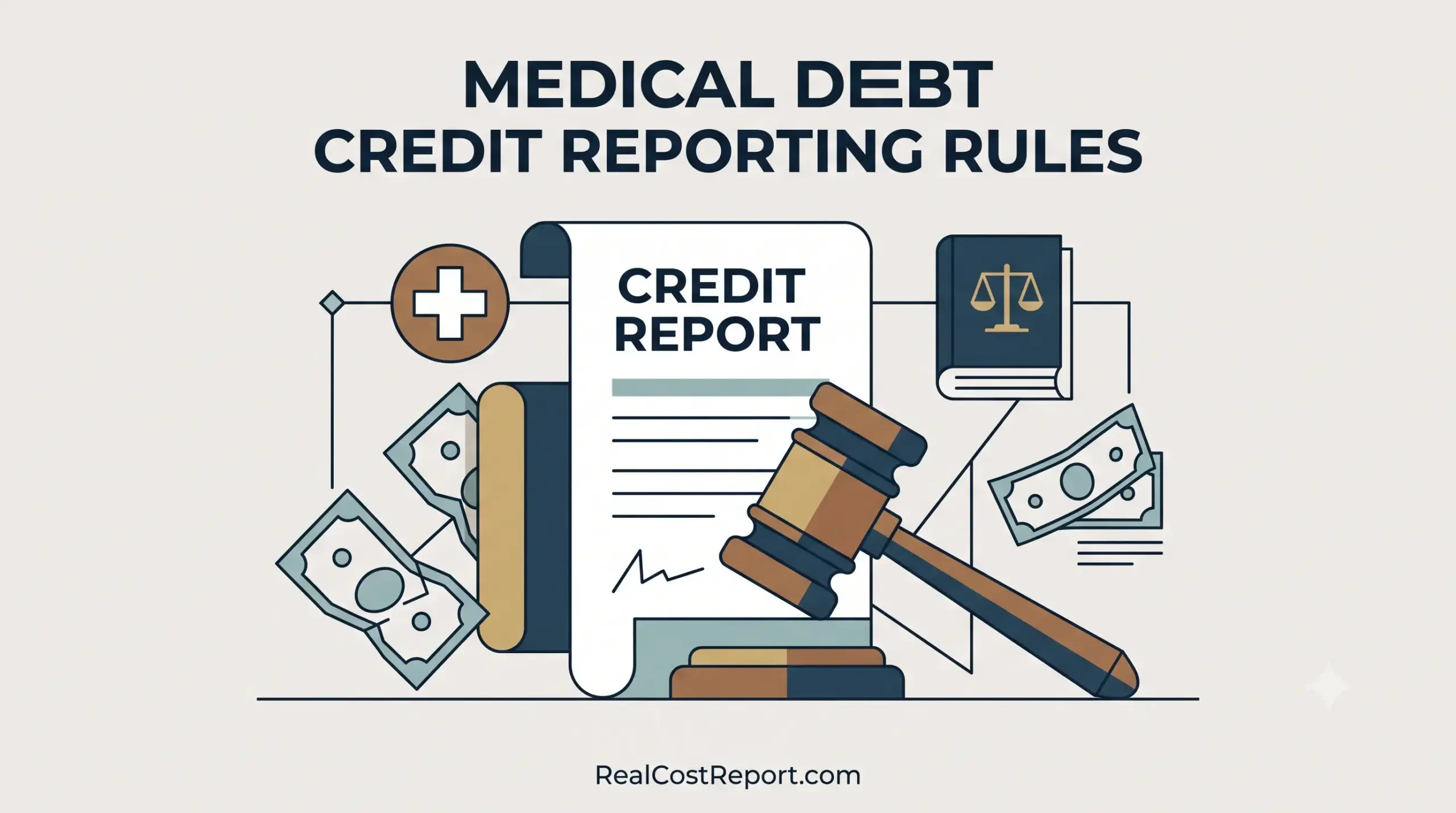 A modern geometric illustration featuring a credit report, a legal gavel, and currency, with the text 'Medical Debt Credit Reporting Rules'.