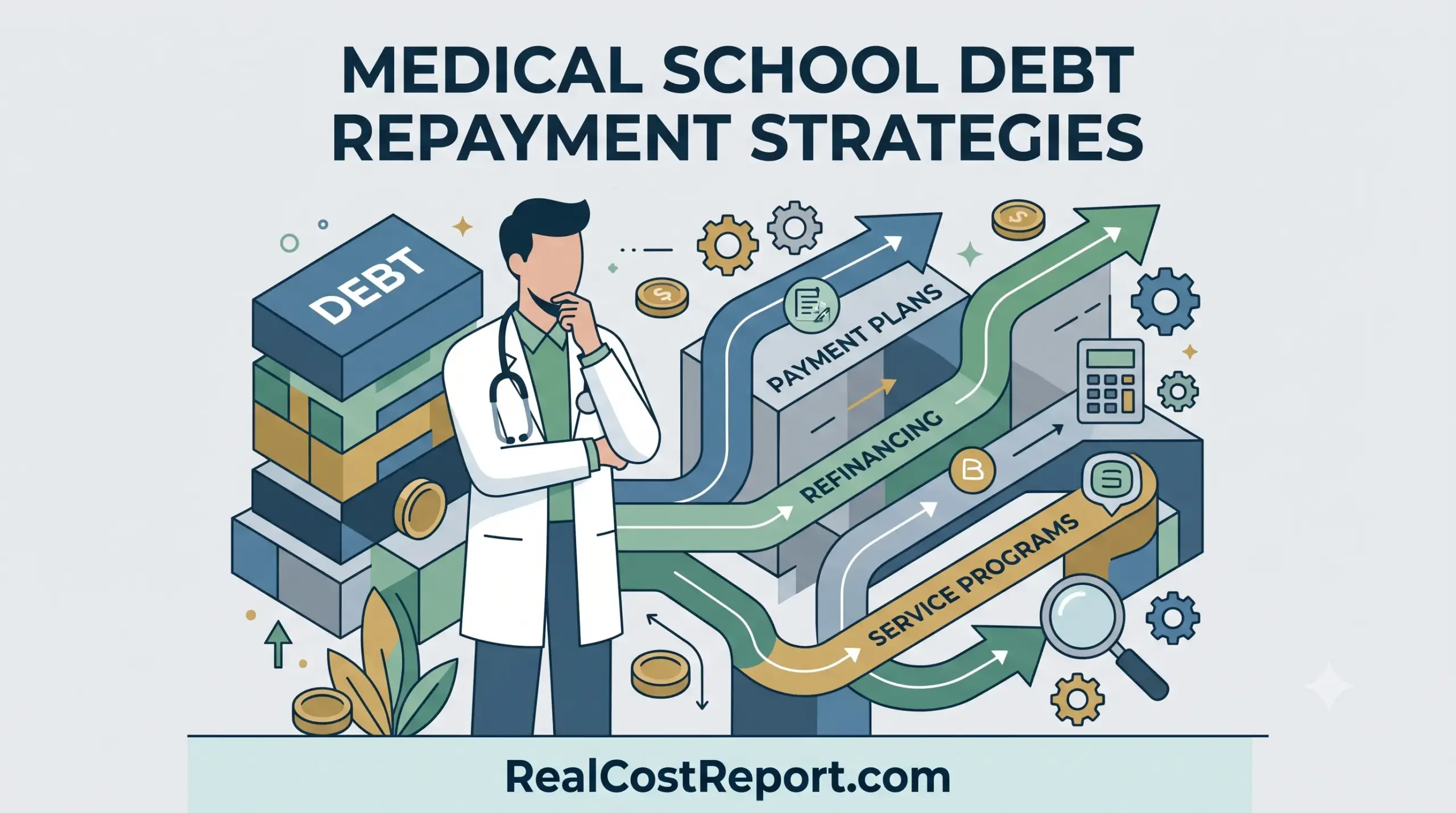 A modern vector illustration of a doctor considering repayment strategies for medical school debt with graphs and gears.