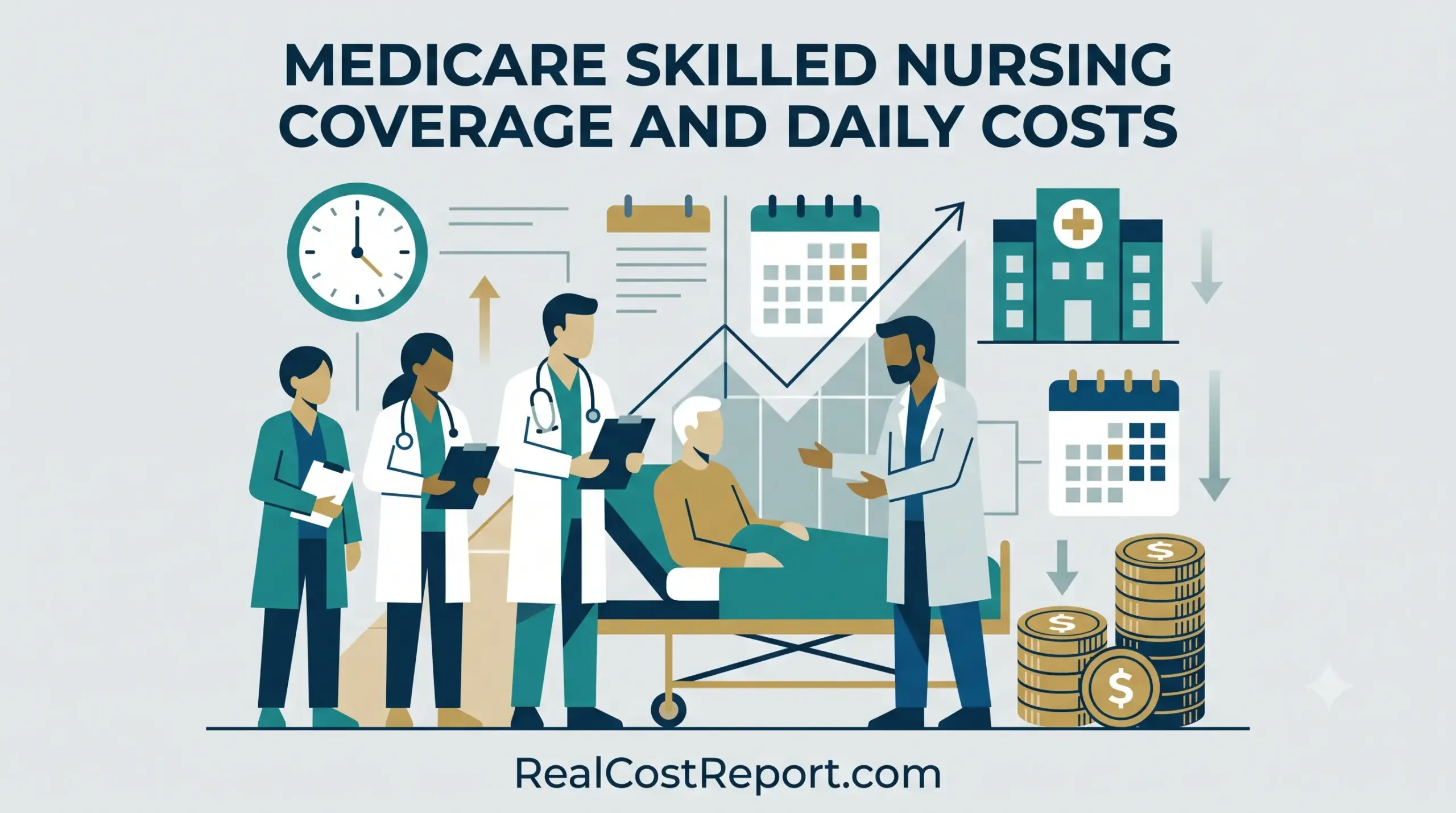 Modern illustration about Medicare skilled nursing coverage and daily costs, for RealCostReport.com.