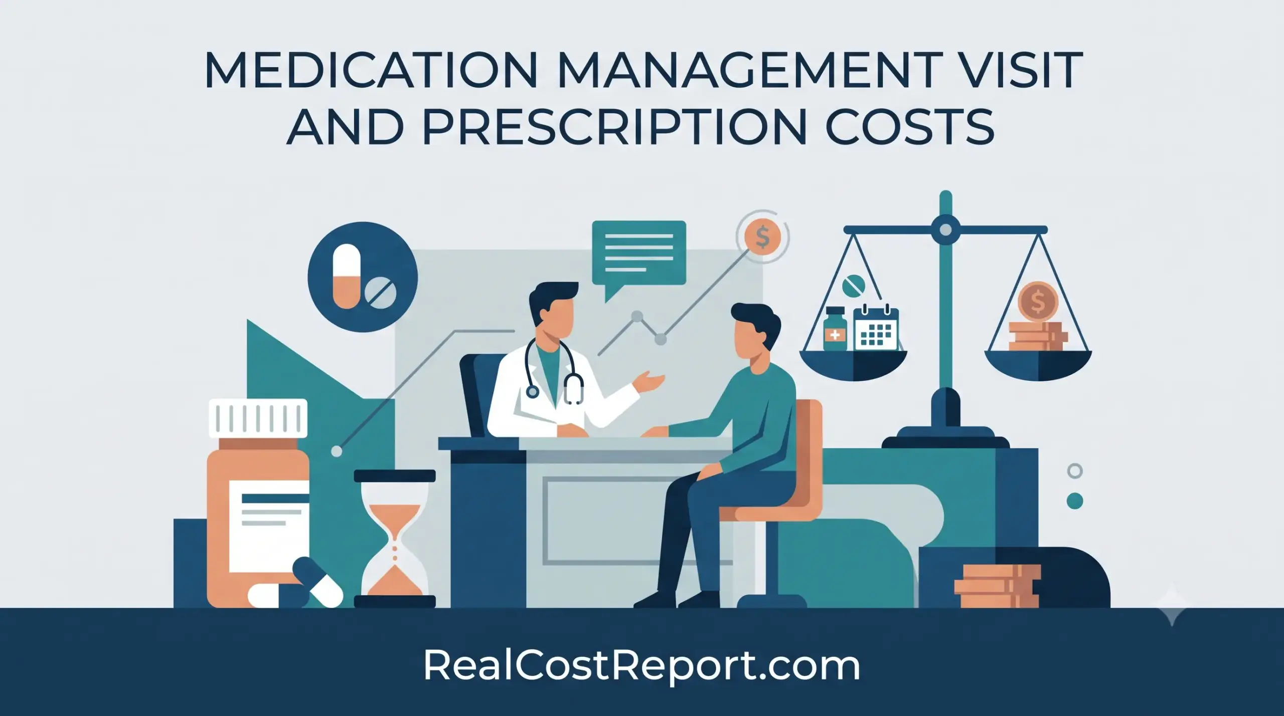 Flat vector illustration showing a patient consulting a doctor, balanced against prescription pills, an hourglass, and a money scale.