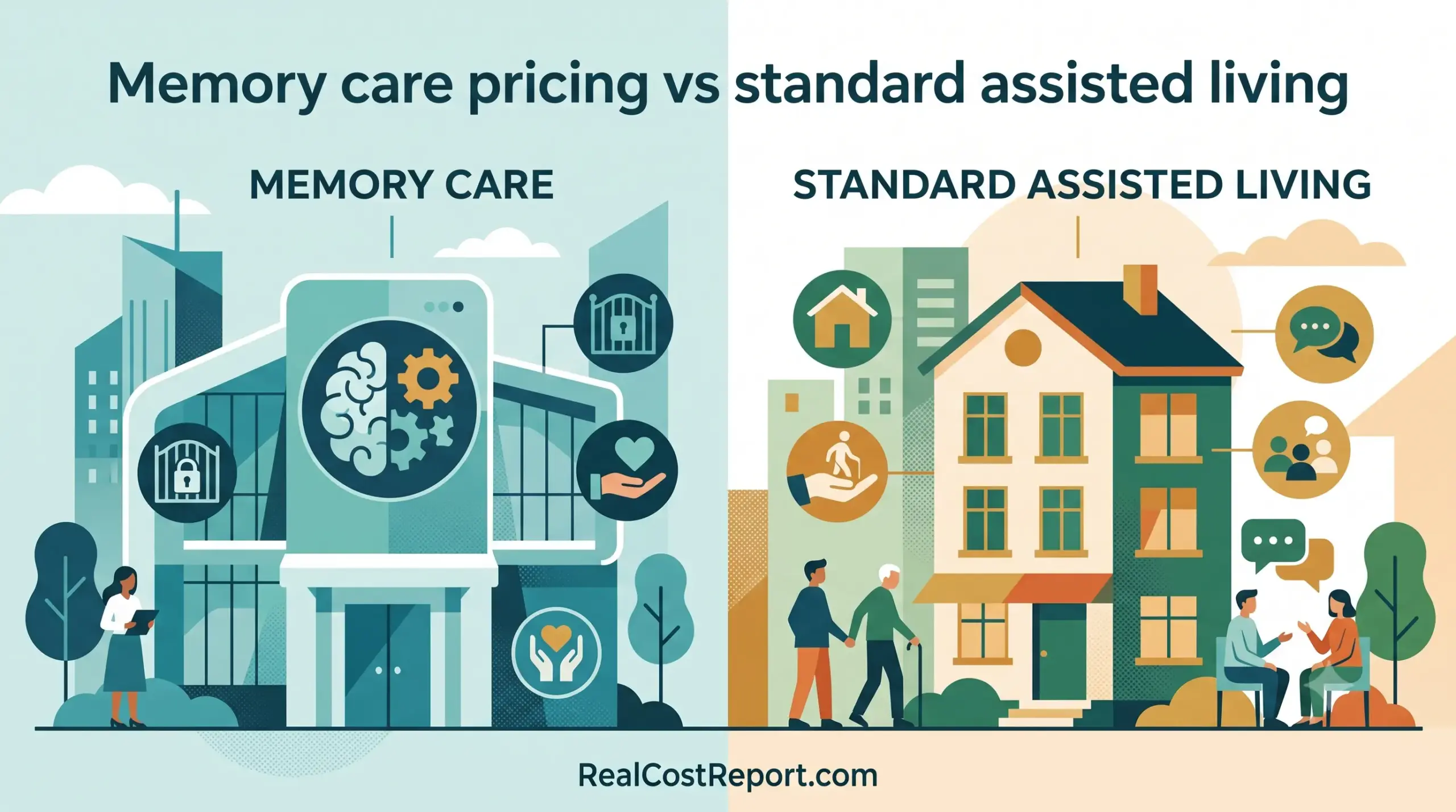 A geometric vector illustration contrasting secure memory care facilities (left, in blue) with general assisted living services (right, in multi-colors), featuring stylized icons.