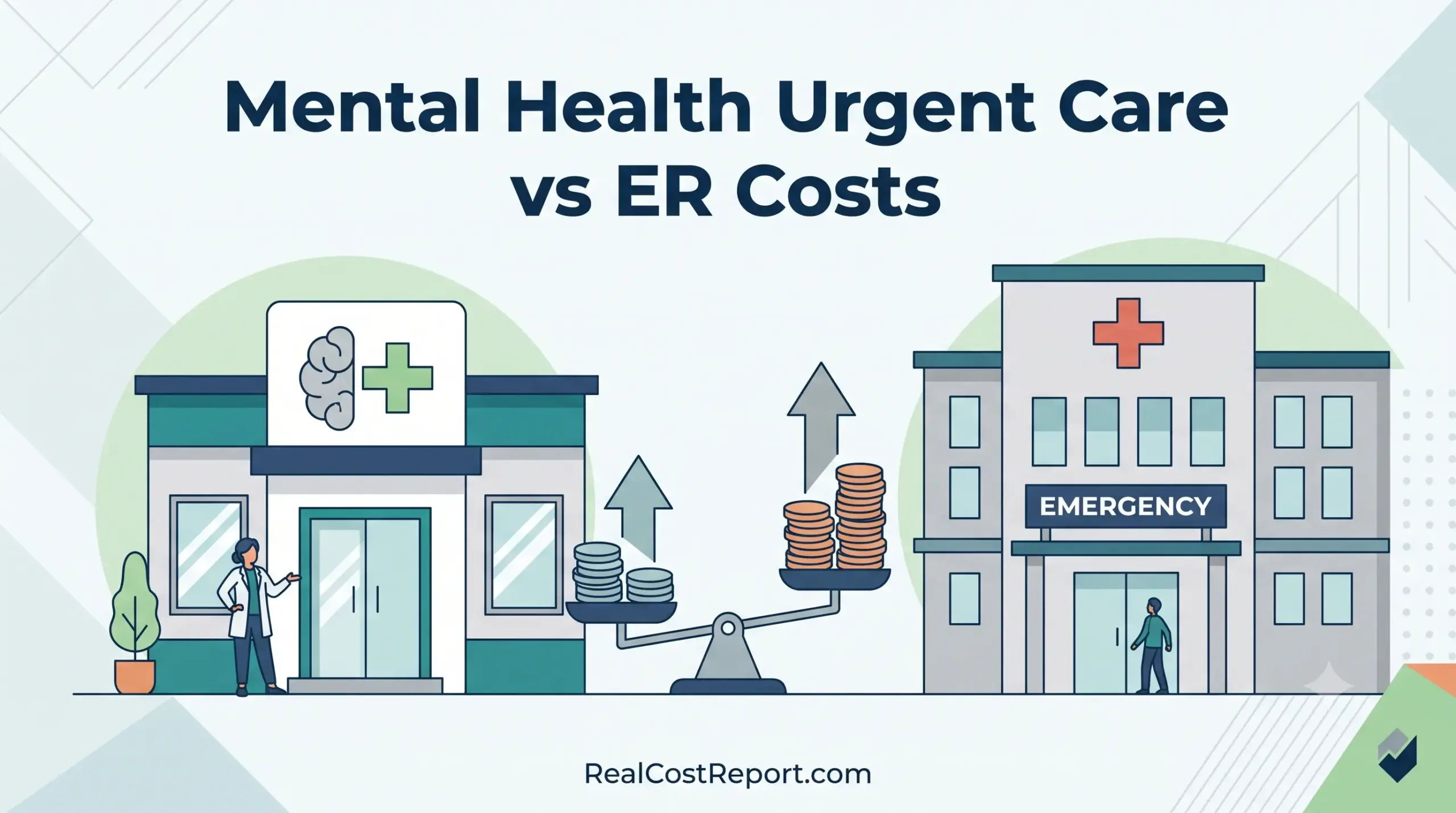 A vector illustration comparing a mental health urgent care clinic to an emergency room building on a balance scale.