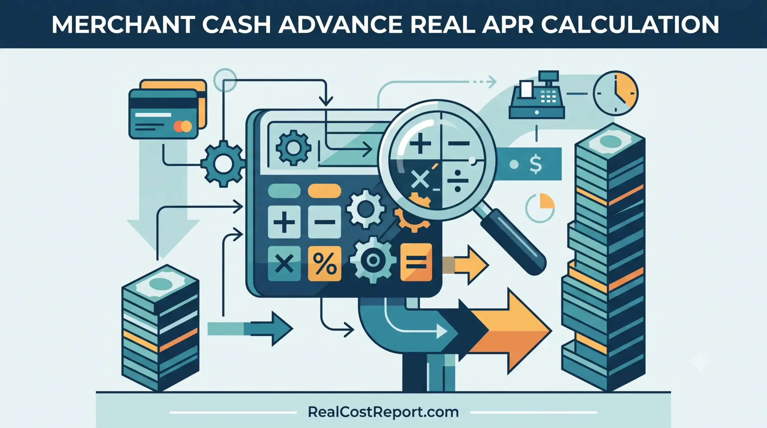 Geometric illustration showing a calculator and stacks of money to analyze the high costs of a merchant cash advance.