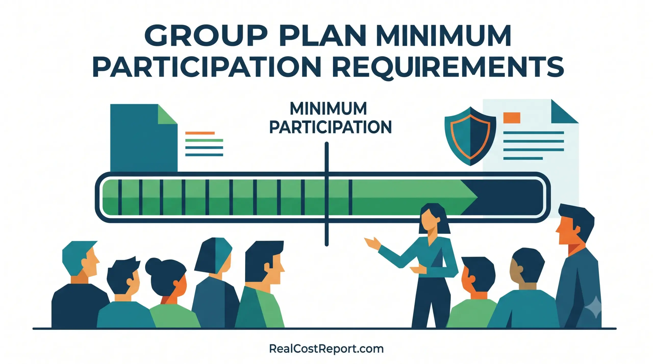 Geometric illustration showing stylized employees reaching a participation threshold on a progress bar for a group plan.