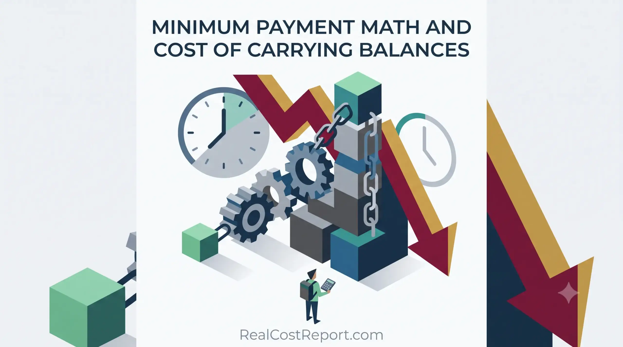 Geometric illustration showing a person calculating near gears and a clock, representing time and cost of debt.