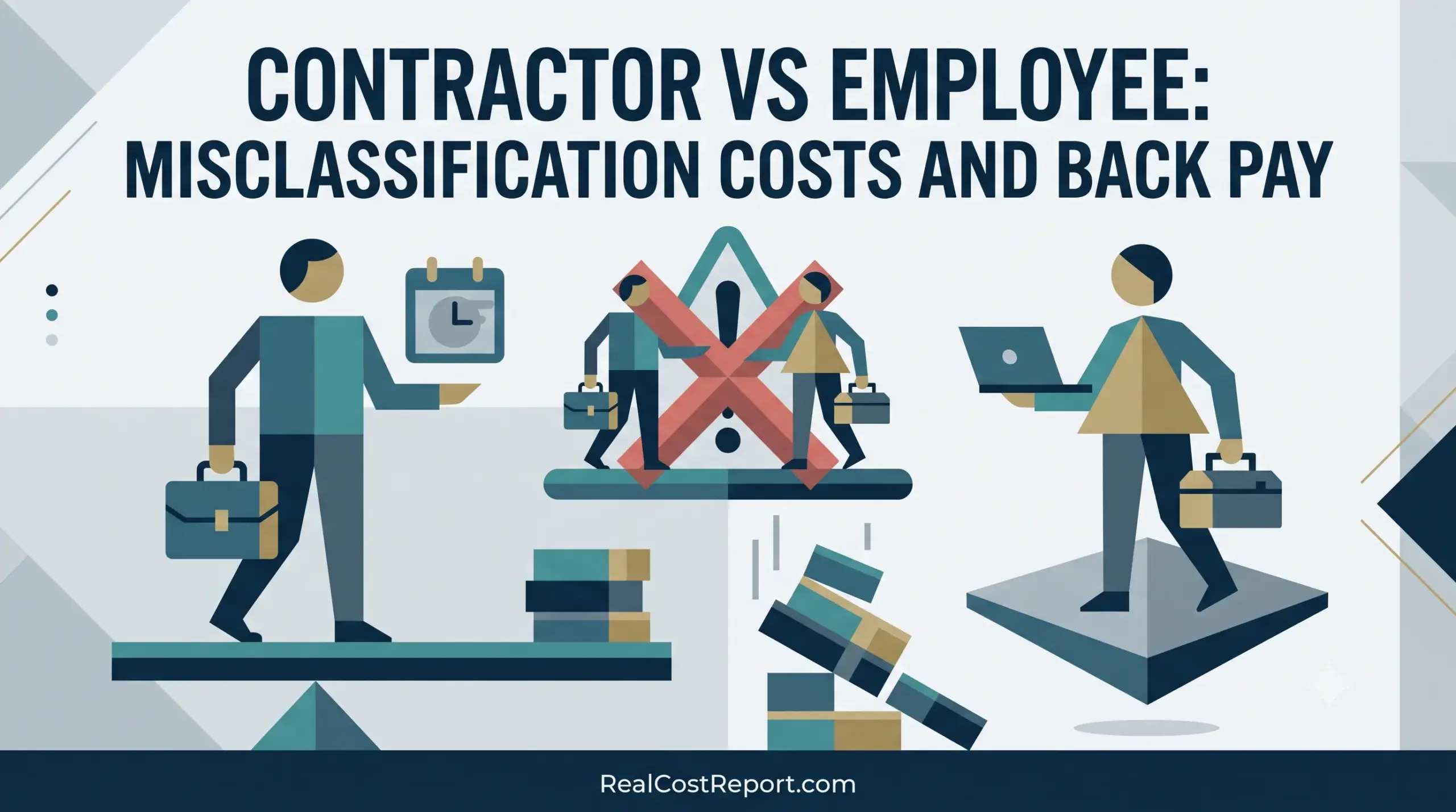 A modern vector illustration displaying the headline 'CONTRACTOR VS EMPLOYEE: MISCLASSIFICATION COSTS AND BACK PAY' with abstract business figures and symbols.
