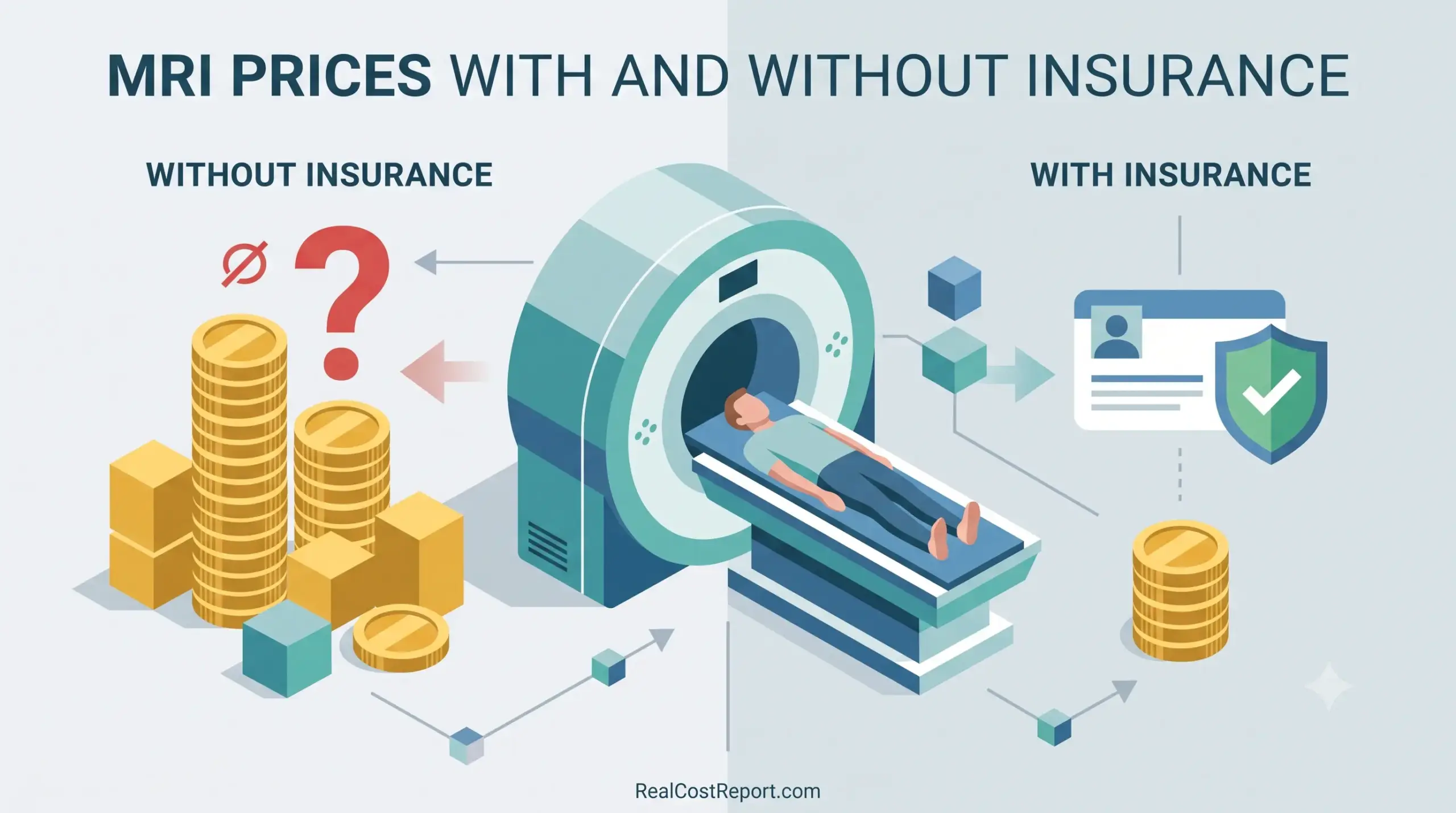 An isometric vector illustration comparing high MRI costs with question marks to lower costs with a health insurance card.