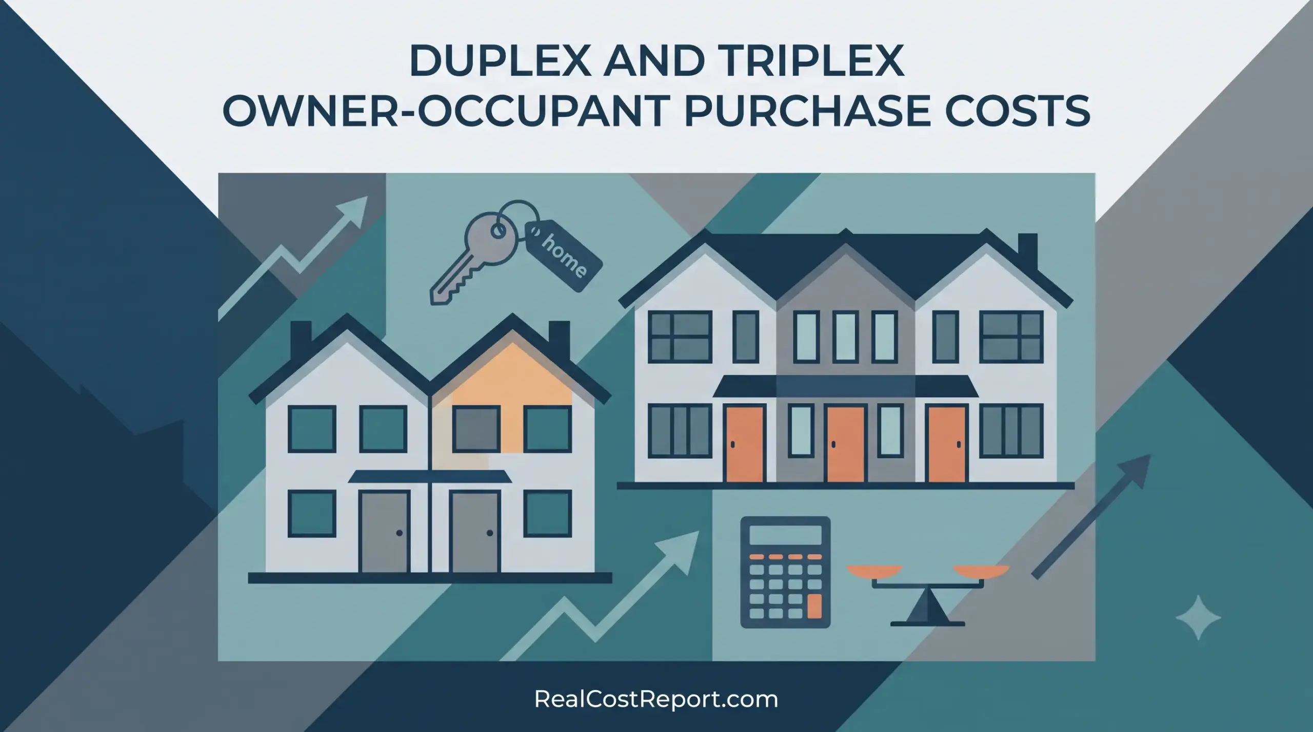 Geometric illustration of a duplex and triplex alongside a calculator and keys, representing multi-family property purchase costs.