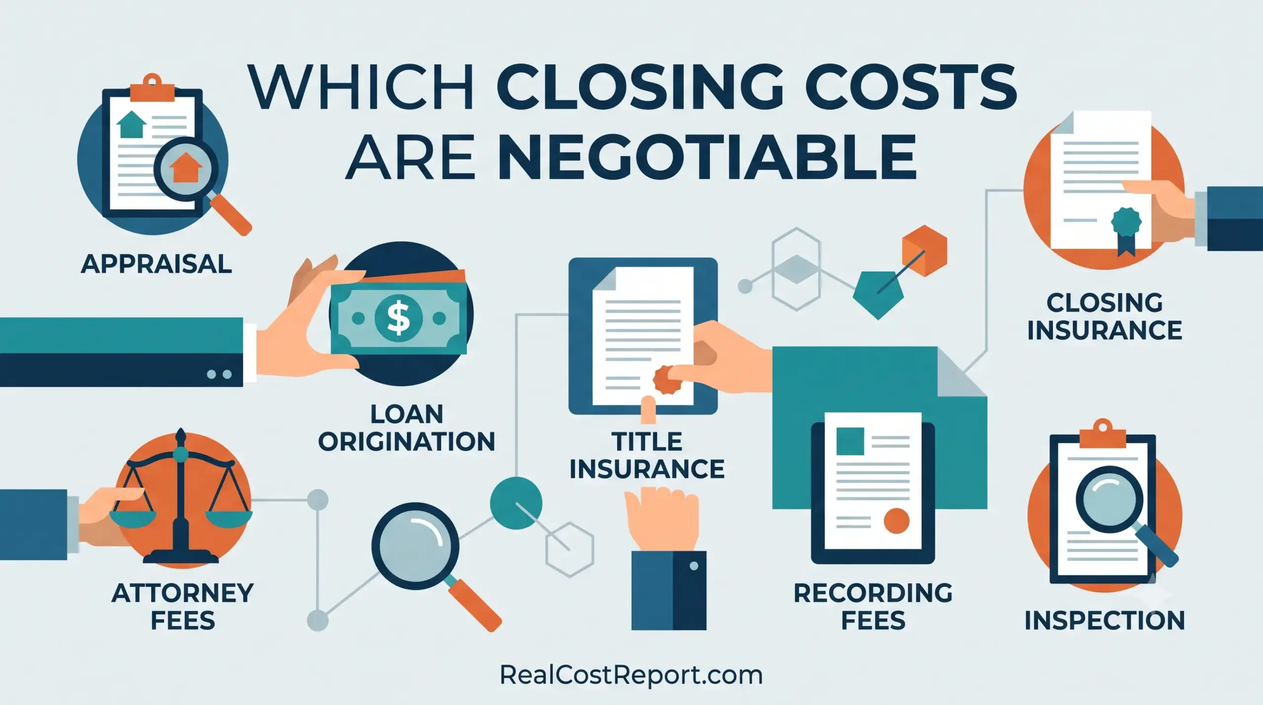 Geometric illustration of real estate documents and a magnifying glass, representing negotiable closing costs for homebuyers.