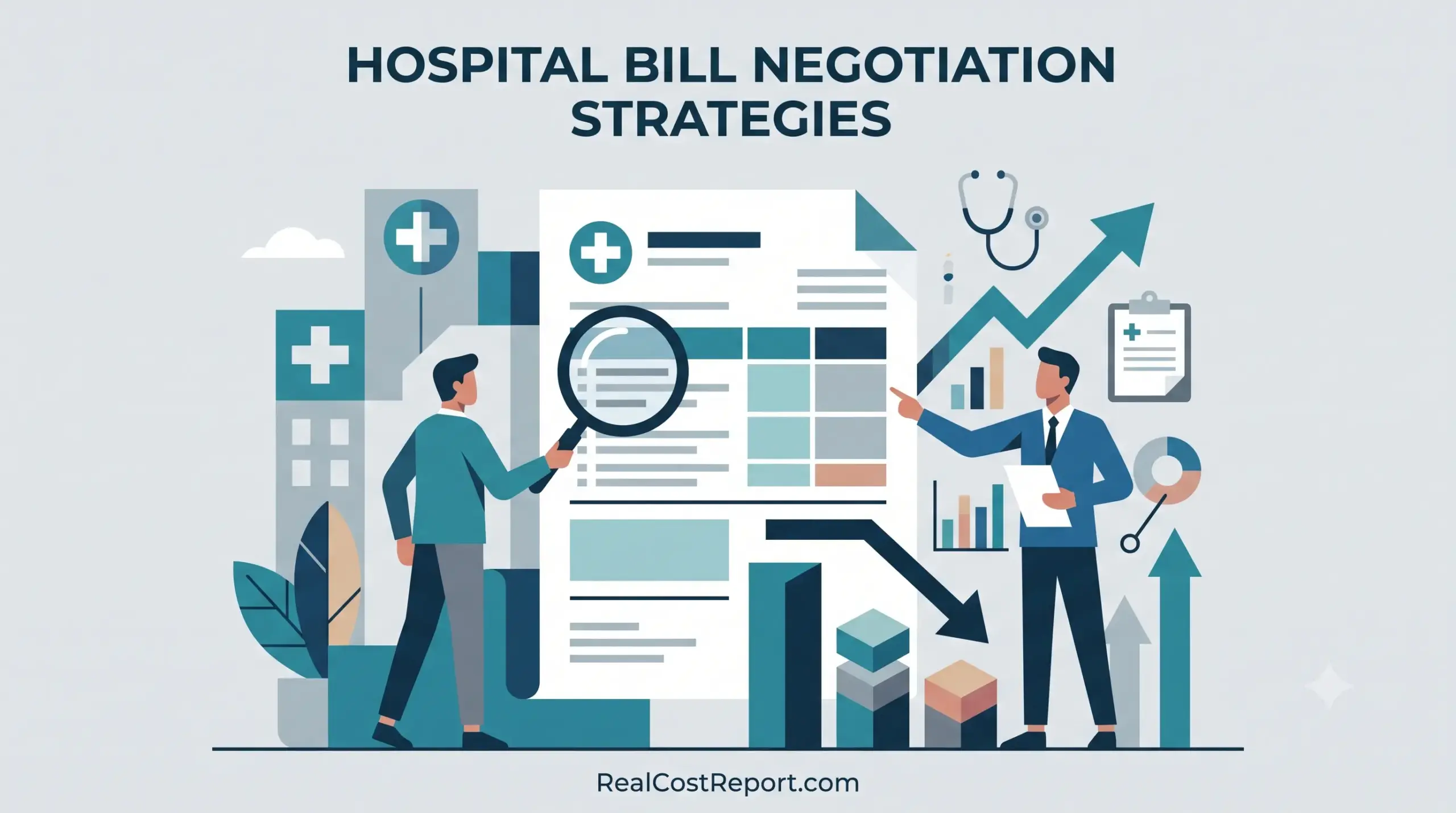 An illustration showing two professionals analyzing a hospital bill and charts with a downward trend, representing negotiation strategies.