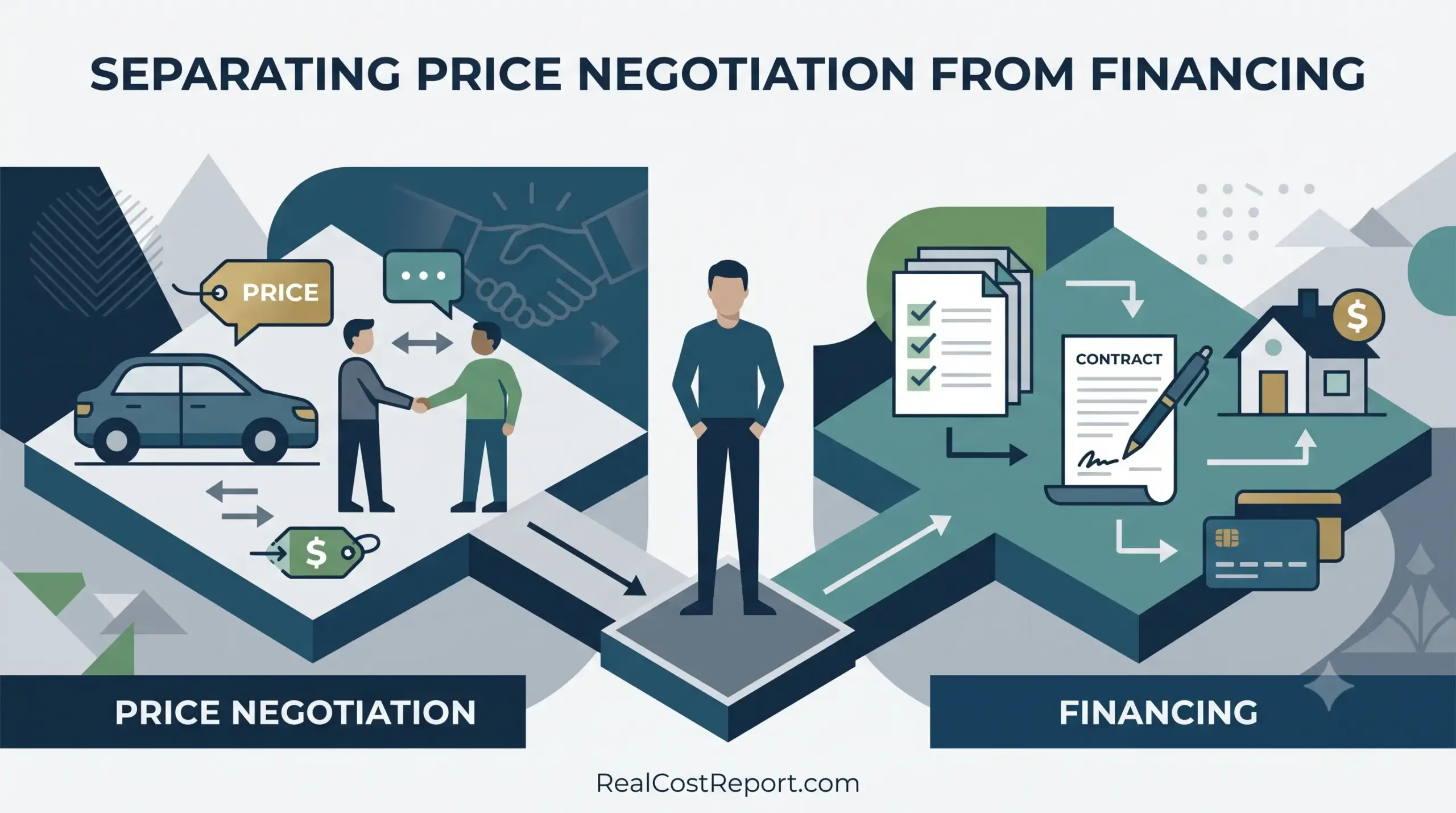 A modern vector illustration showing a clear separation between negotiating a price and processing financial documents.
