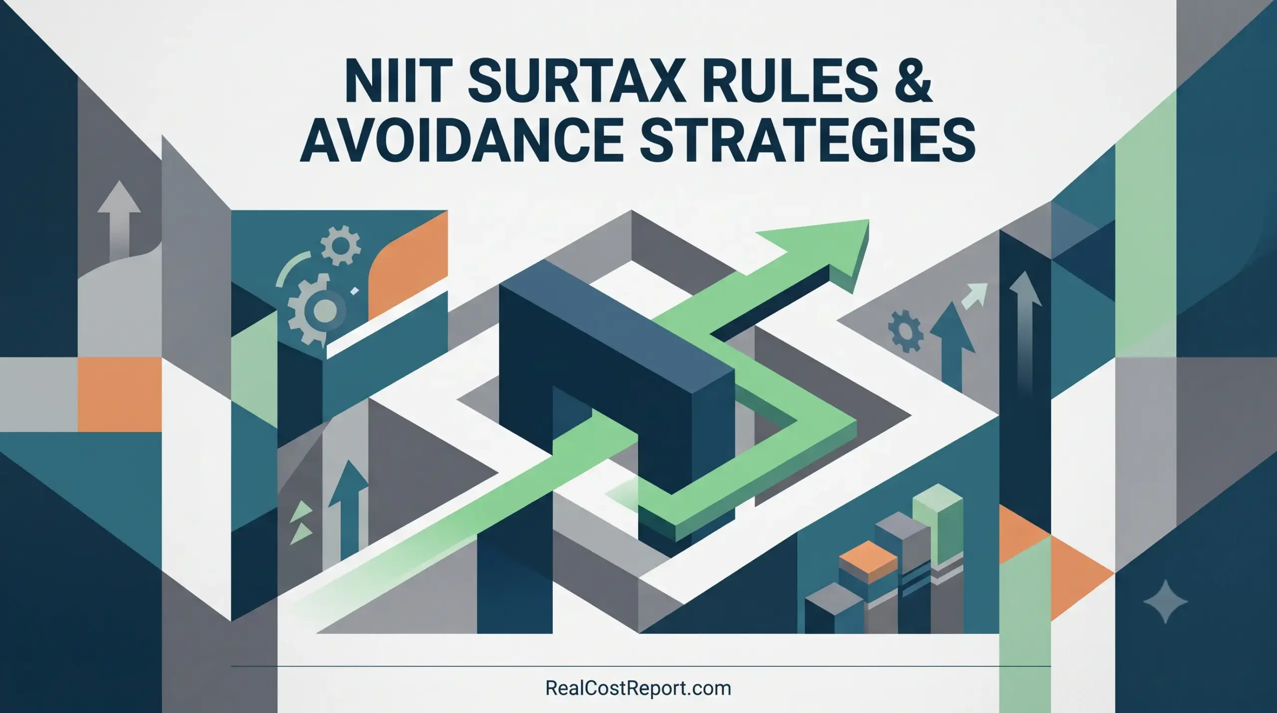 Geometric vector graphic for Real Cost Report showing abstract maze and arrows for NIIT surtax avoidance.