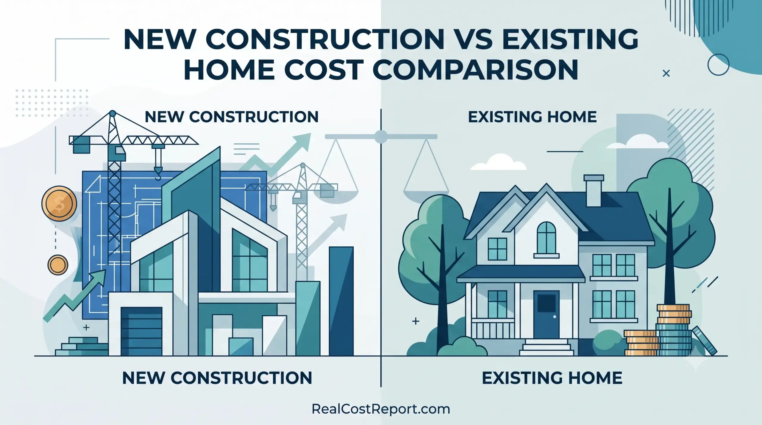 Vector comparison of new modern construction and an existing traditional home for cost analysis.