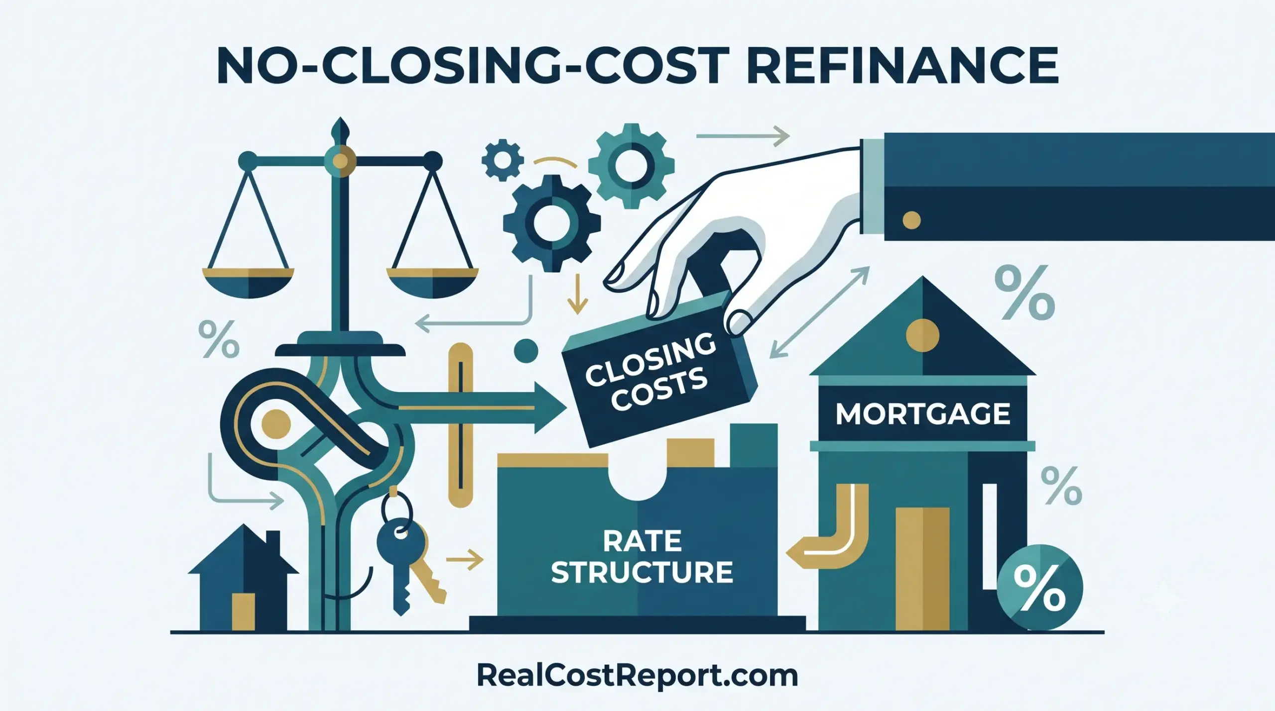 Abstract geometric illustration featuring a house, gears, and balancing scales, representing the mechanics of no-closing-cost refinancing.