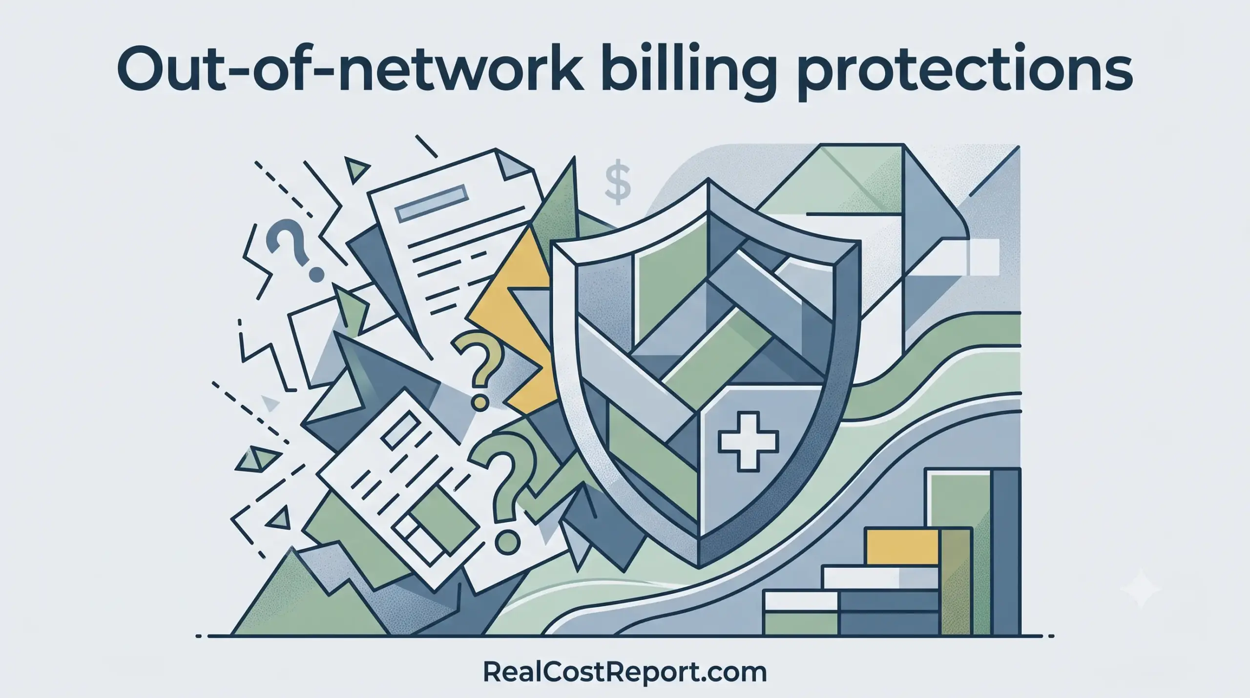 A stylized vector illustration showing a medical shield deflecting chaotic bills and question marks.
