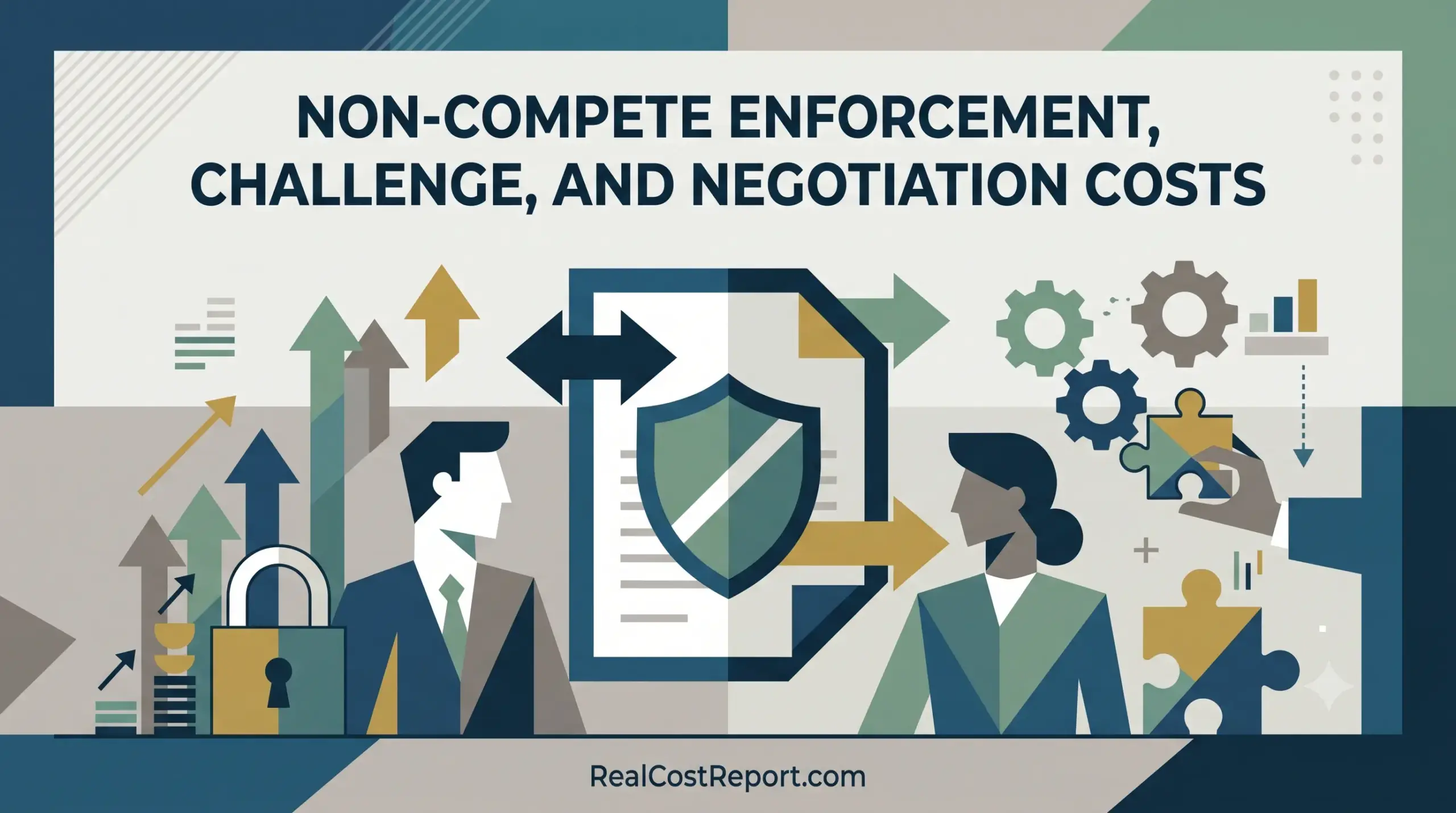 Geometric illustration depicting corporate figures, a shield-protected contract, gears, and a padlock, symbolizing legal costs.