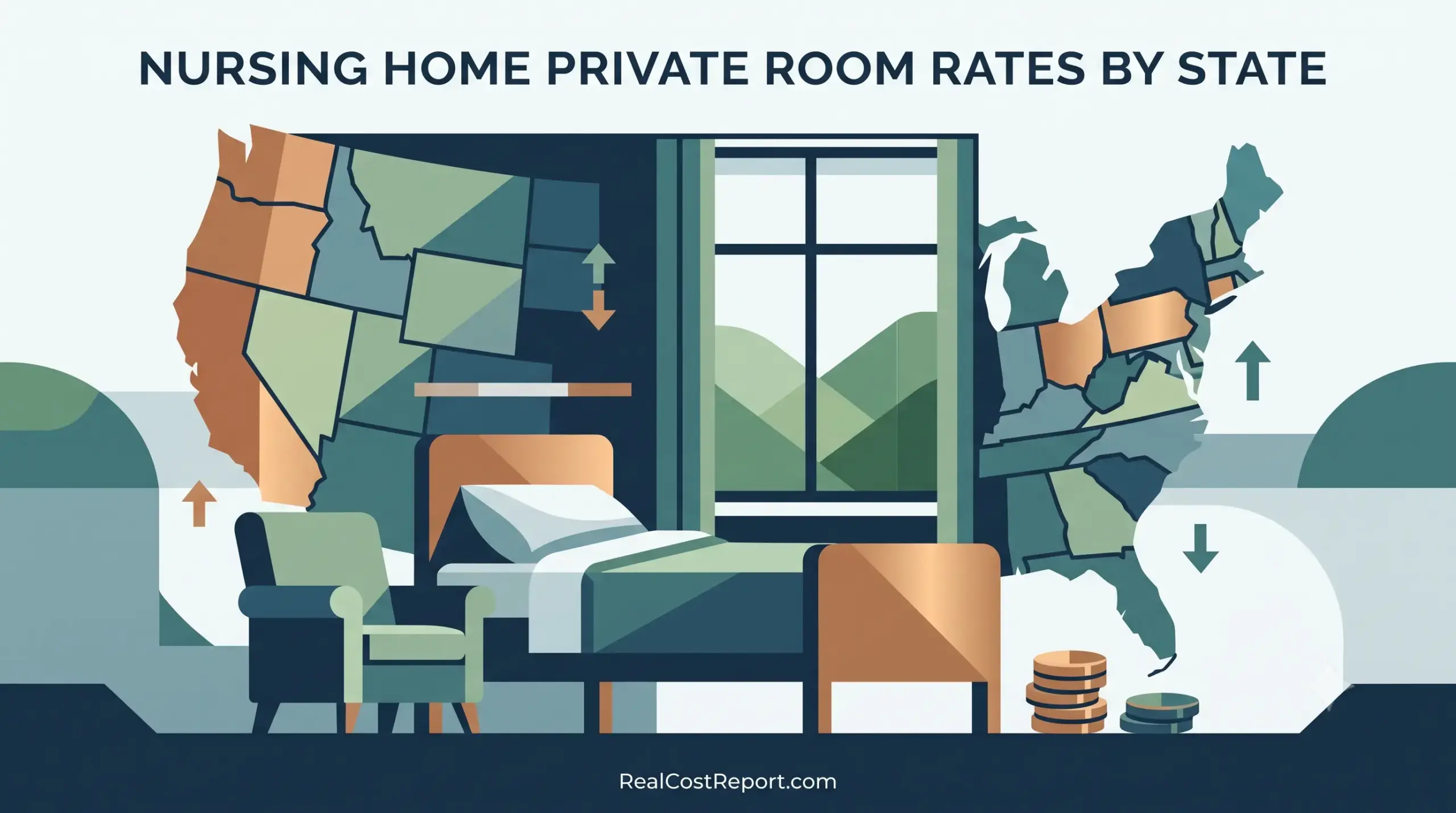 Geometric vector illustration of a private nursing home room beside a US map, depicting state-by-state room rate variations.