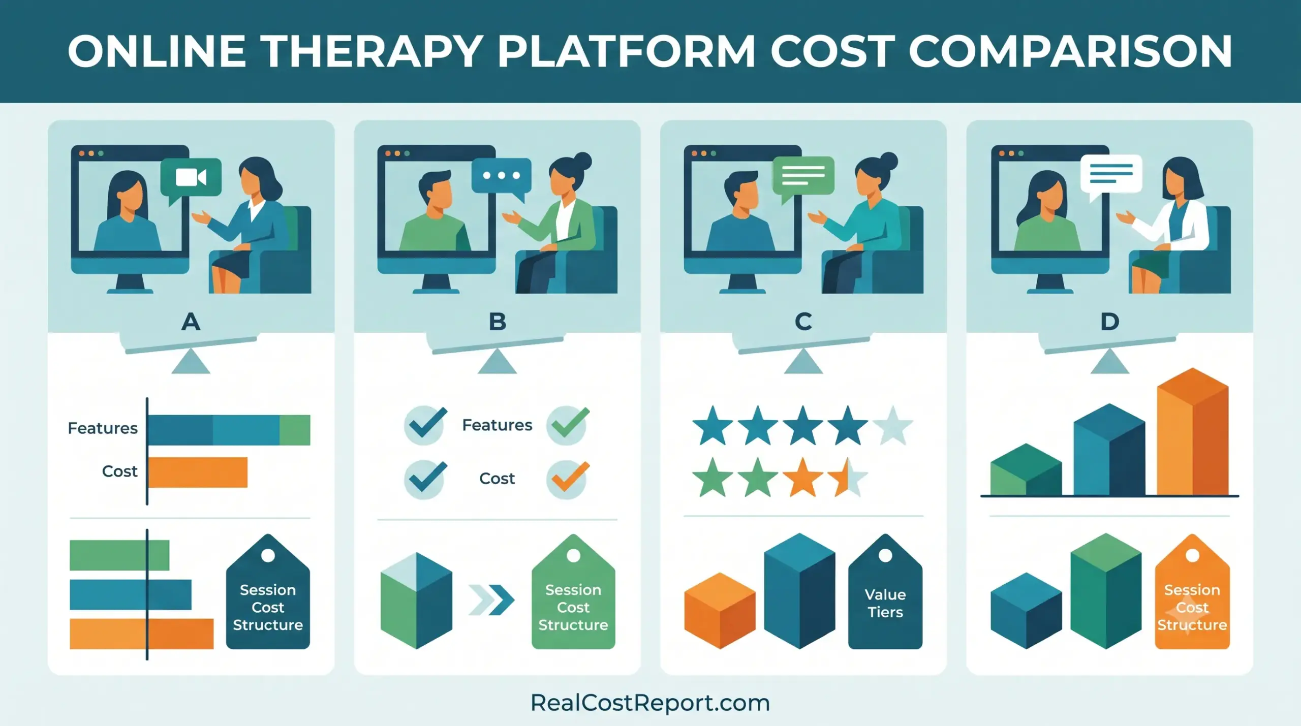 A geometric vector illustration compares four online therapy platforms using icons for features, cost ratings, value tiers, and cost structures, titled "ONLINE THERAPY PLATFORM COST COMPARISON."