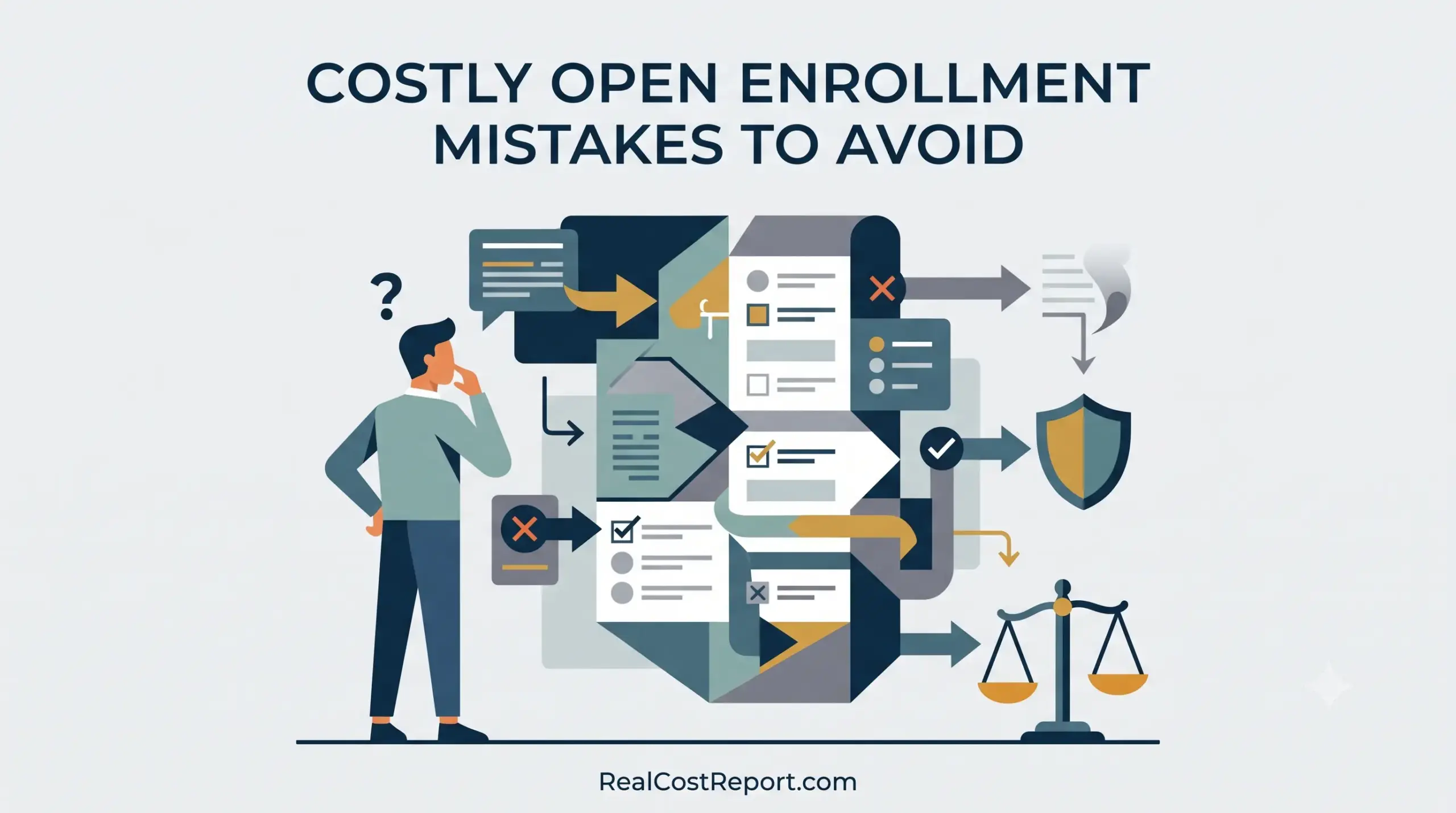A confused person in professional attire stands before a complex chart of forms and decisions, representing open enrollment.