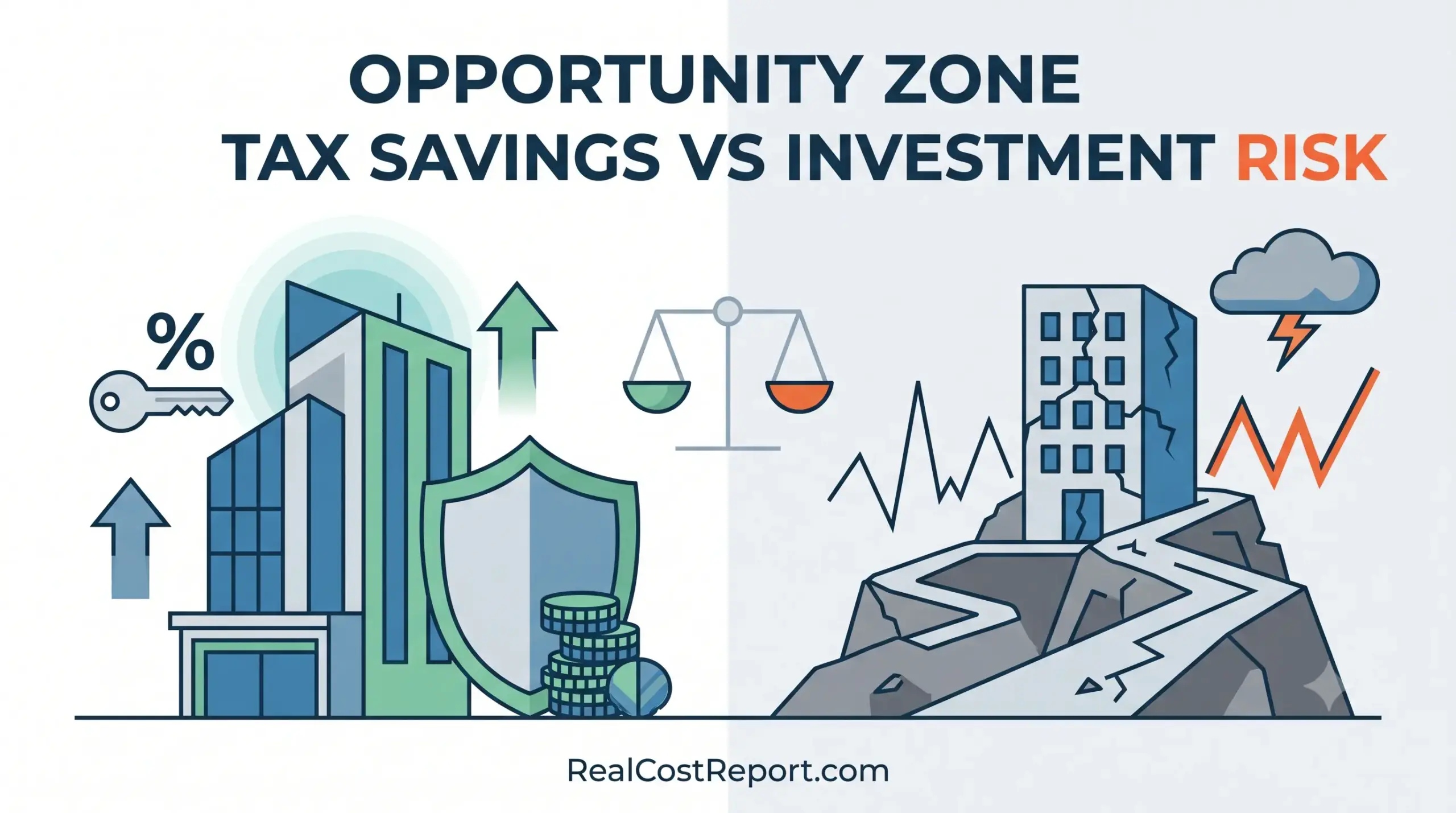 A geometric vector illustration with a split composition, showing stable modern buildings on one side and crumbling real estate on the other, comparing tax savings with investment risks.