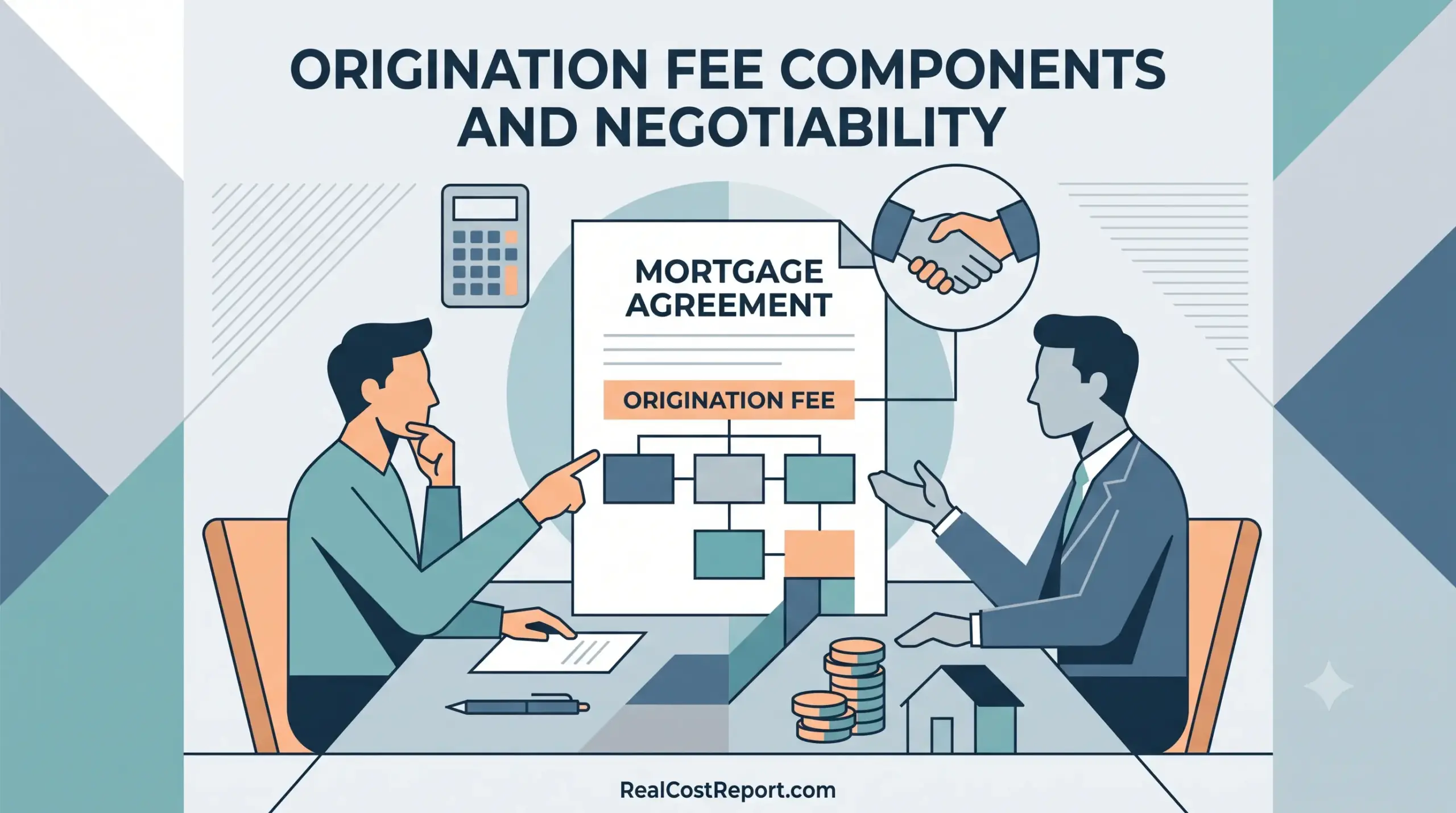 Minimalist geometric illustration of a document divided into sections next to a handshake, representing fee components and negotiability.
