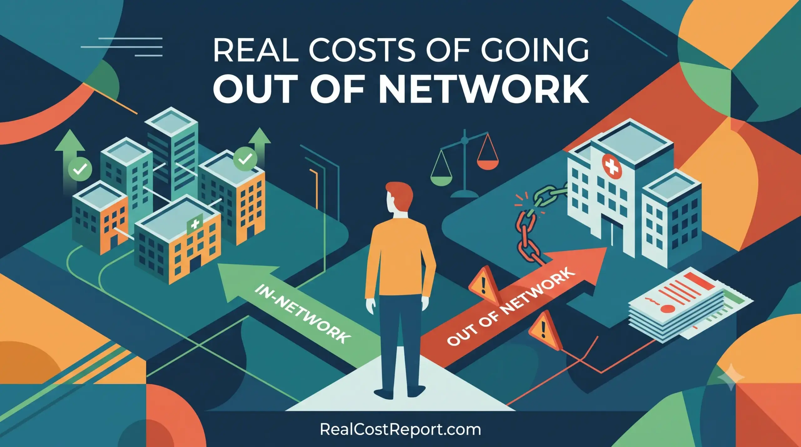 A stylized vector illustration shows a person deciding between a clean 'In-Network' path and a complex 'Out of Network' path.