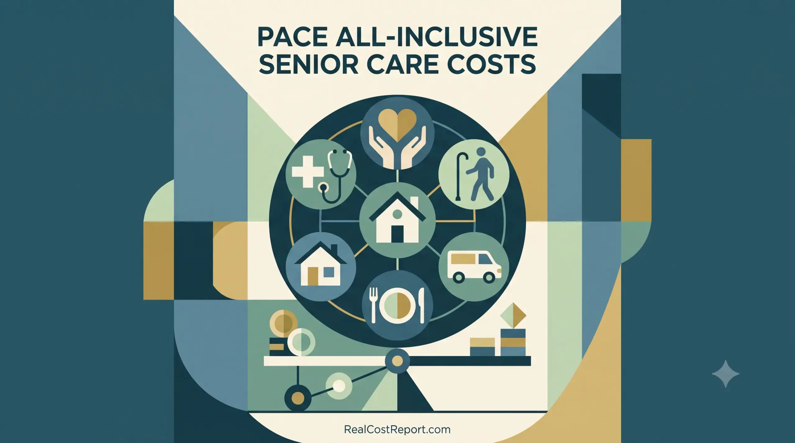 Minimalist geometric vector illustration with headline text 'PACE ALL-INCLUSIVE SENIOR CARE COSTS'. A central wheel displays icons for healthcare, housing, mobility, transport, and nutrition balanced on scales.