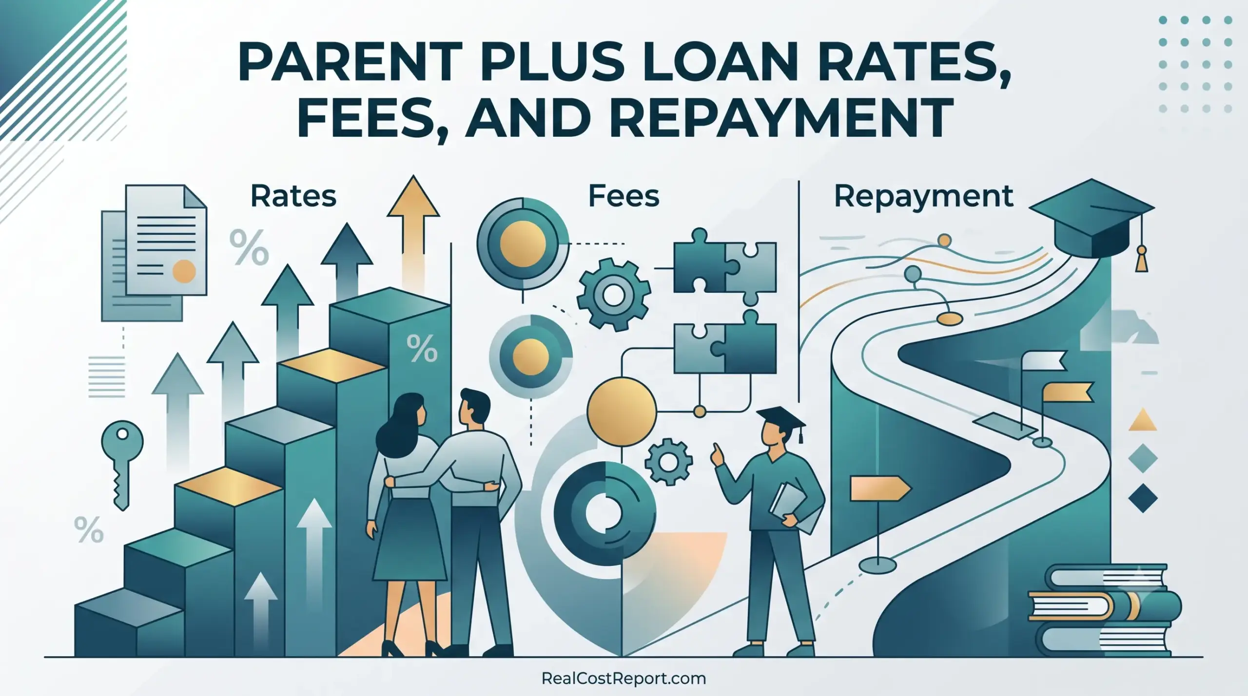 An informational graphic for Parent PLUS loans, with sections for Rates (upward arrows), Fees (interlocking gears), and Repayment (a long road).