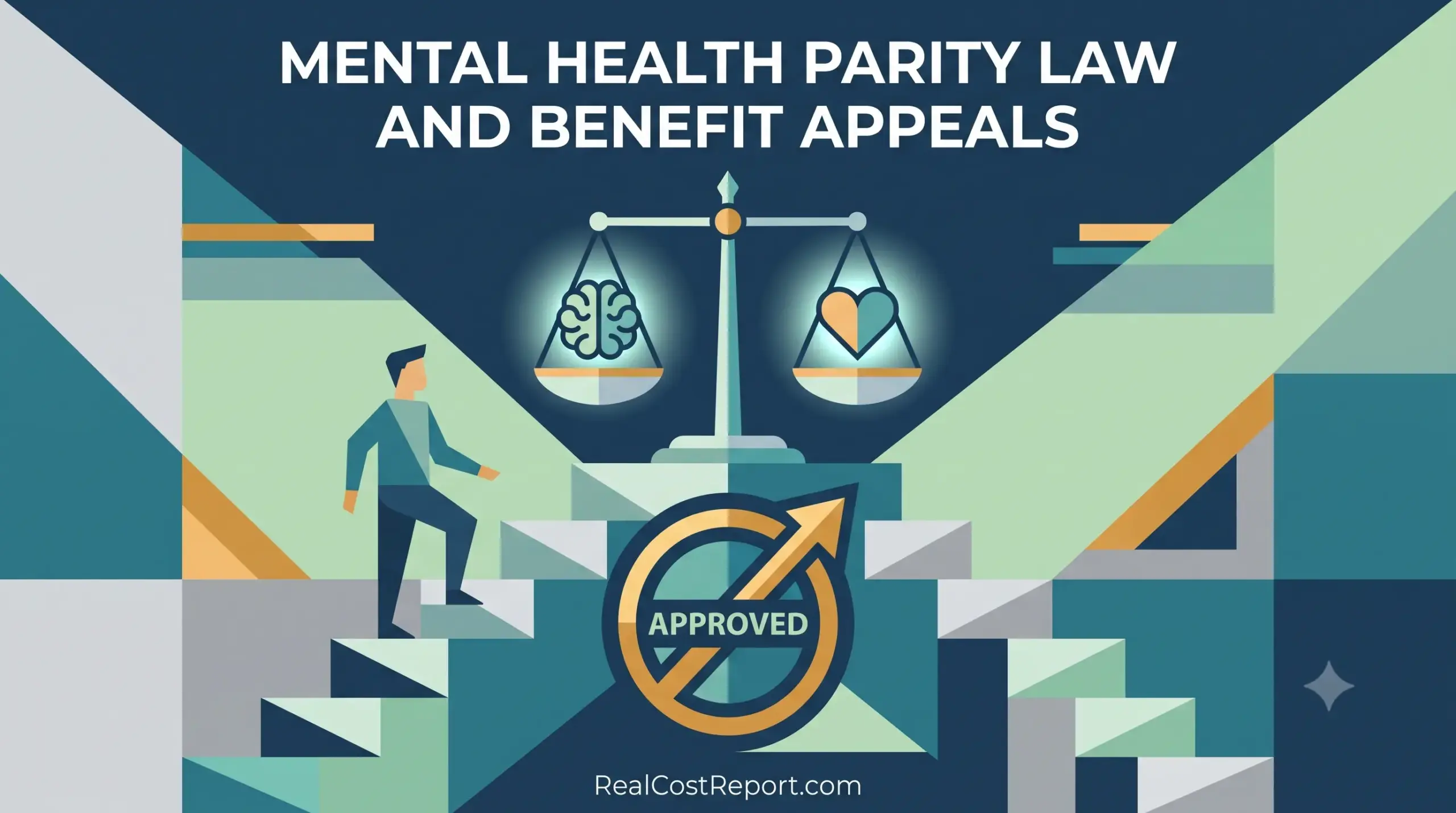 Geometric vector illustration for mental health parity showing a person climbing stairs towards a balanced scale and approved logo. RealCostReport.com.