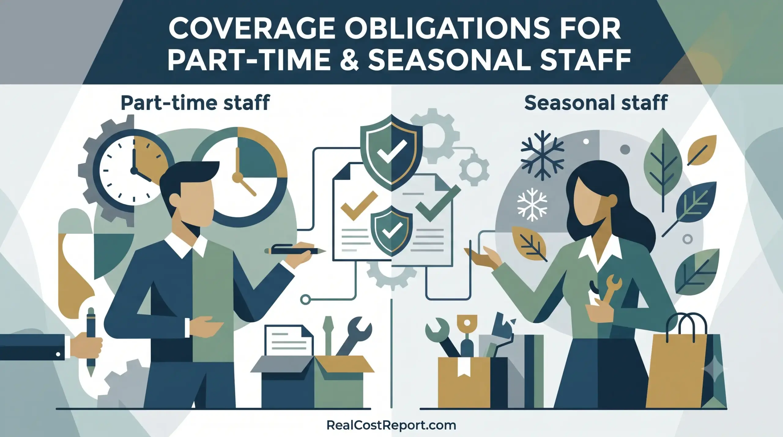 Geometric illustration comparing coverage documents for part-time workers (with clocks) and seasonal workers (with leaves). RealCostReport.com.