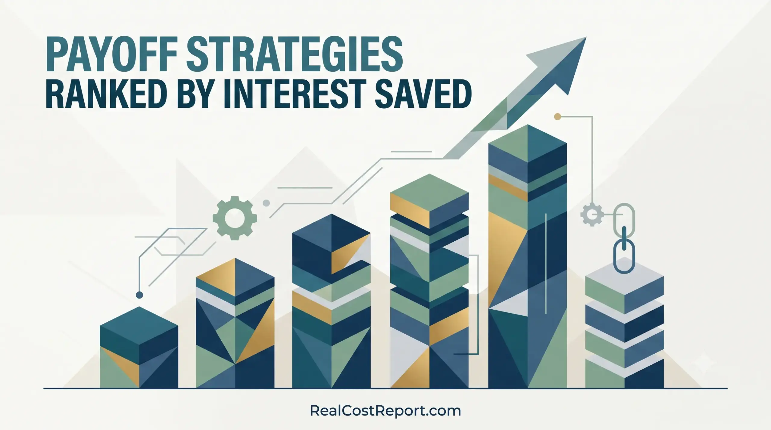 A geometric vector illustration showing a 3D bar graph with an upward arrow and the headline 'Payoff Strategies Ranked by Interest Saved'.