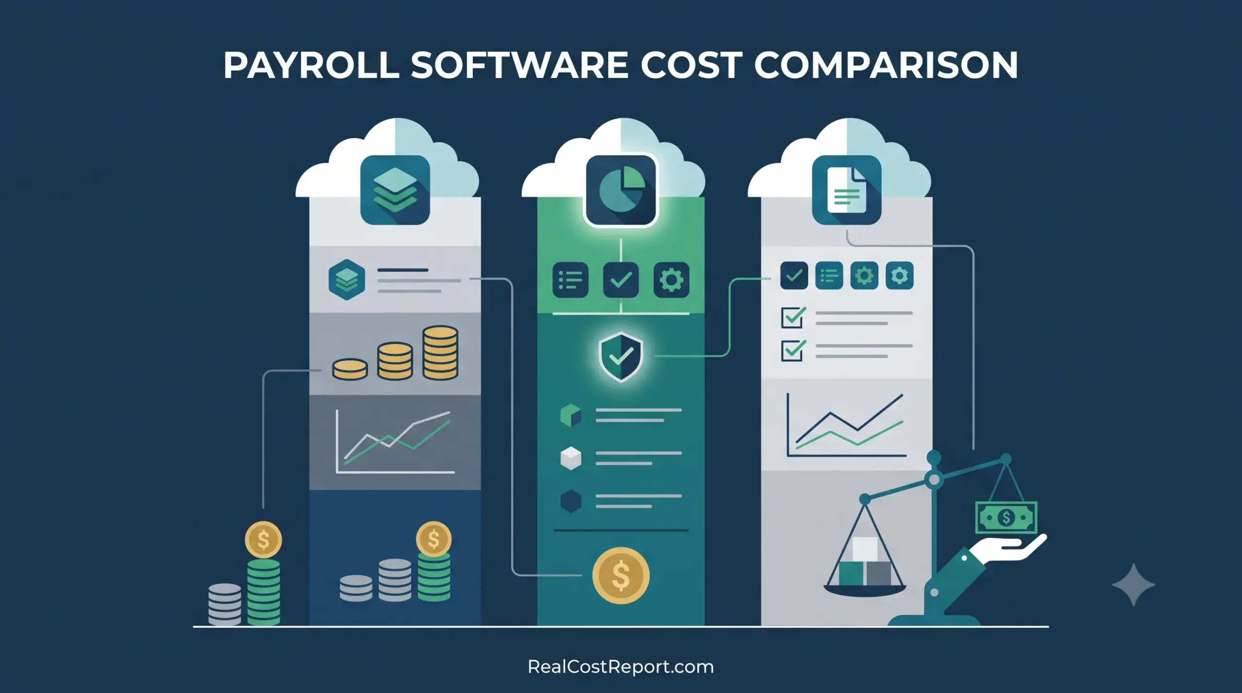 A flat geometric illustration comparing different payroll software features and costs on RealCostReport.com.