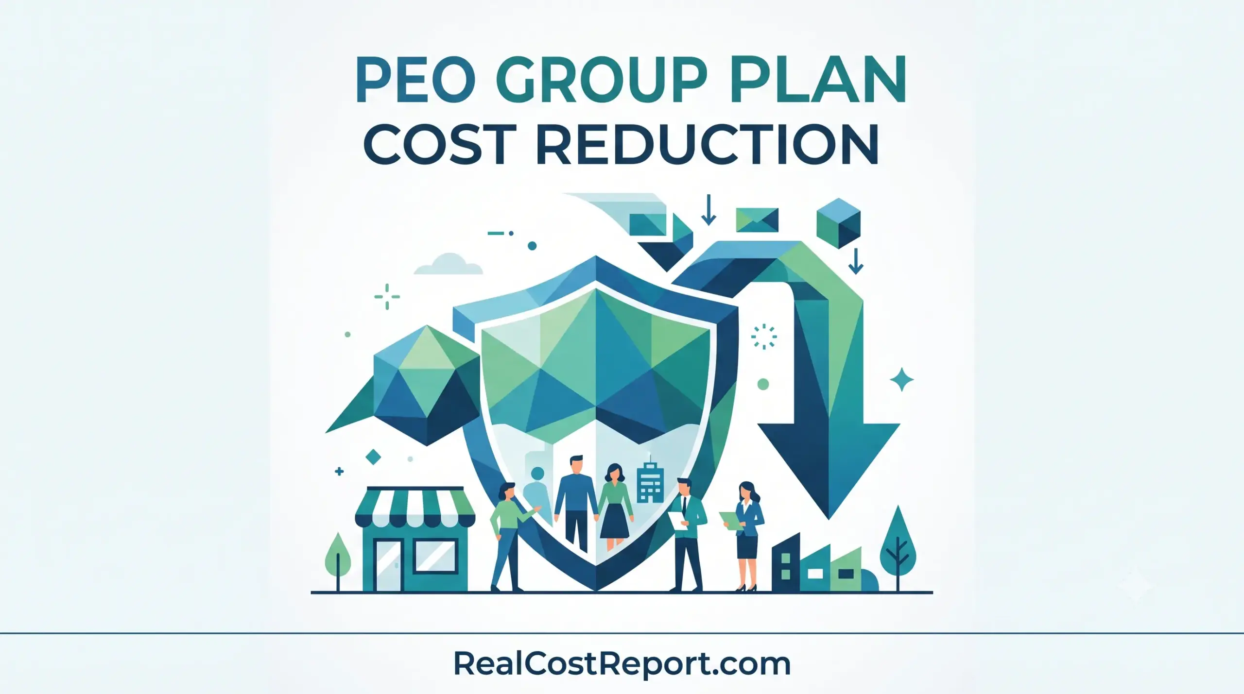 Minimal geometric vector illustration with a shield, downward arrow, and business icons, representing small business cost reduction on RealCostReport.com.