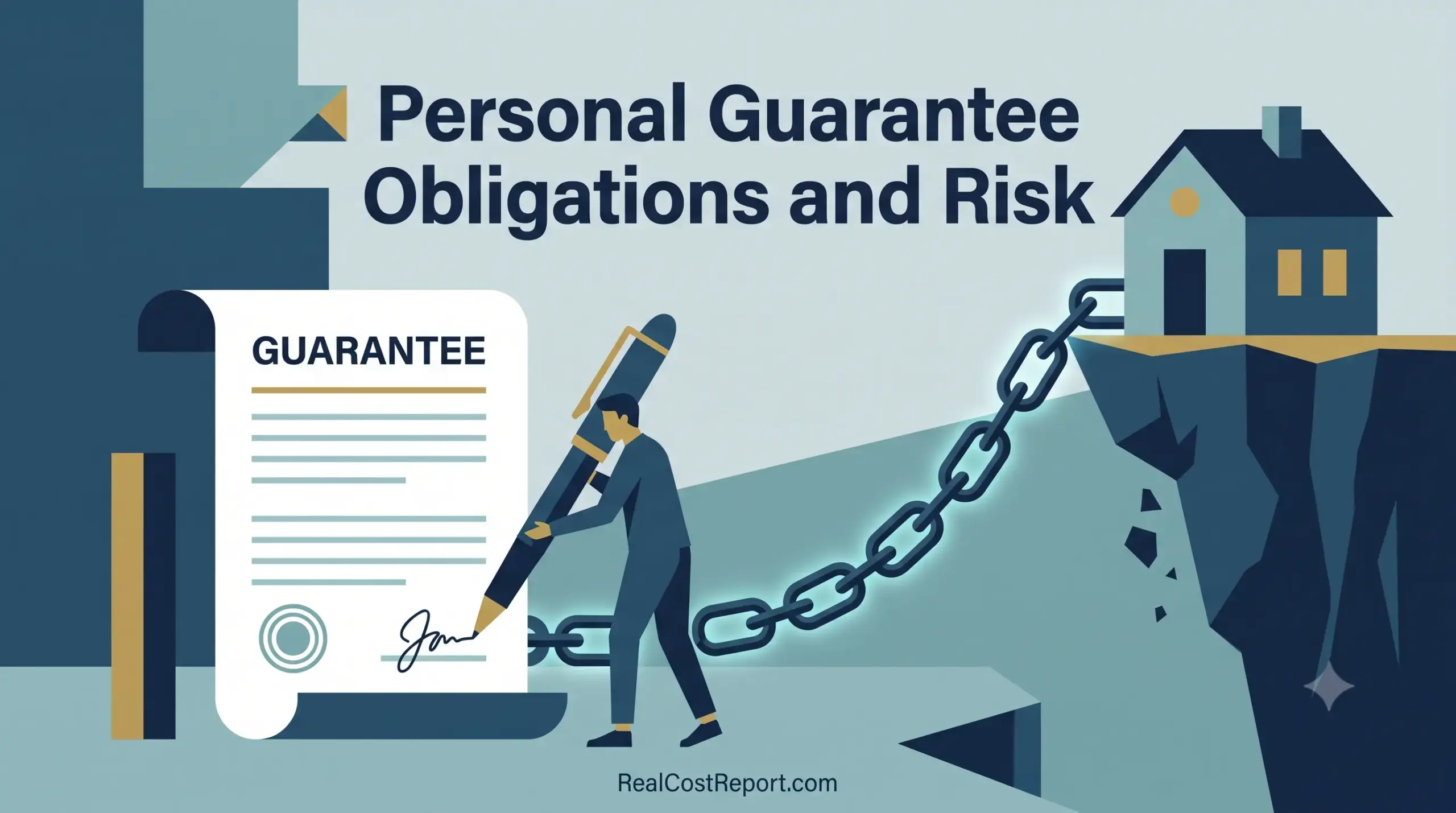 Geometric illustration of a person signing a guarantee document, linked by a chain to a house on a cliff.