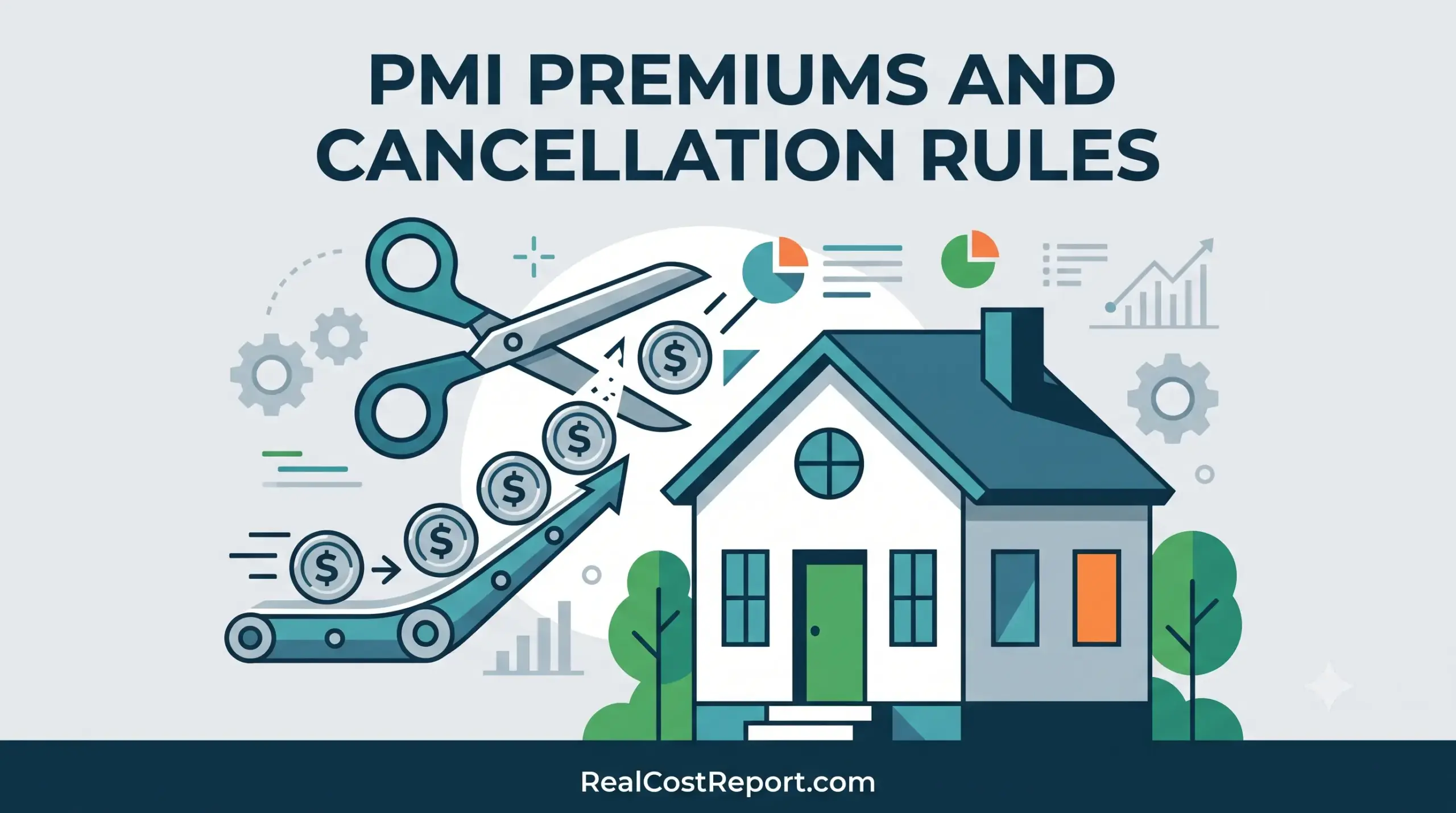 A modern flat illustration showing a house, money flowing, and scissors cutting a chain, symbolizing PMI cancellation rules.