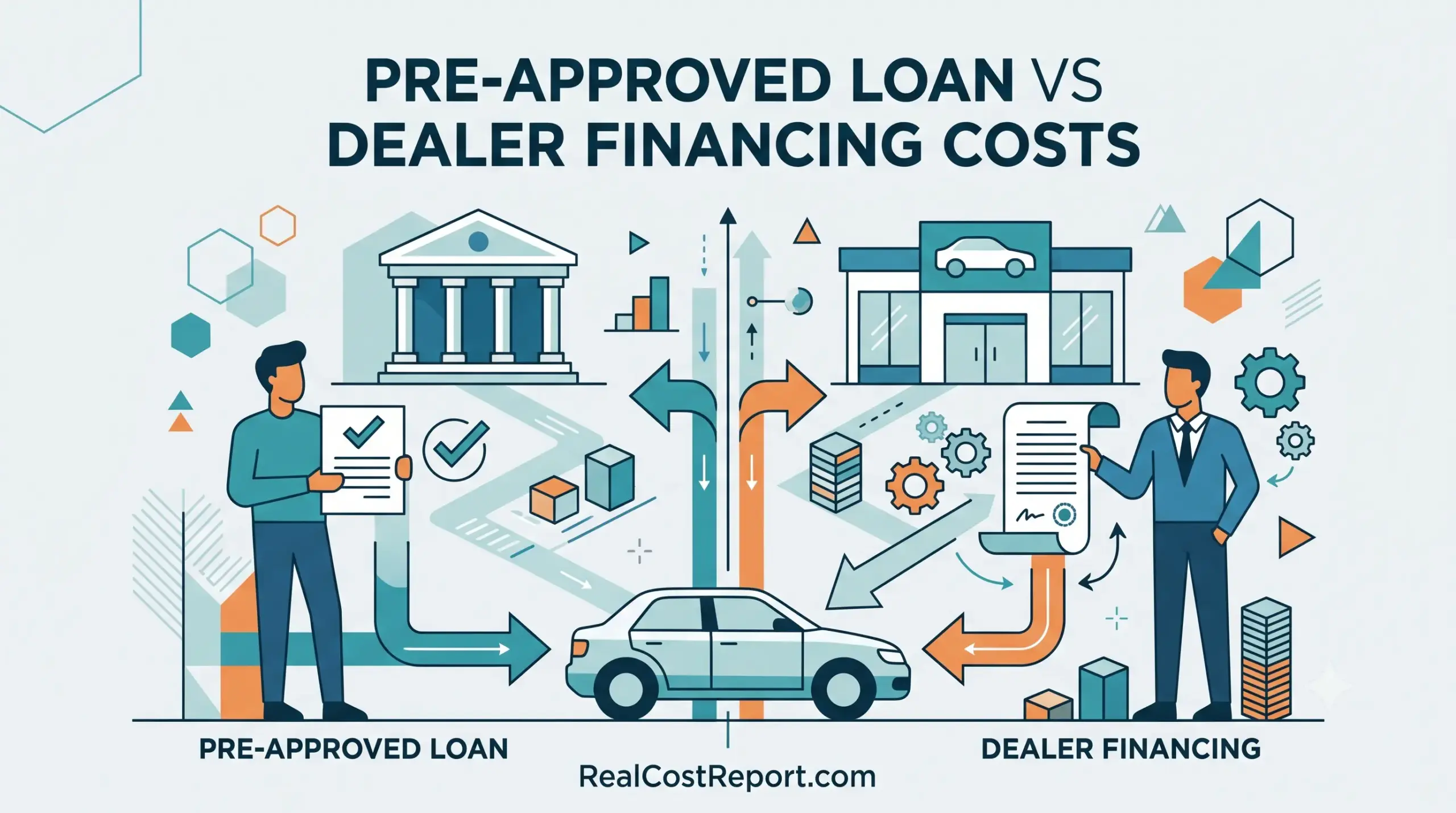 A geometric vector illustration comparing the financial paths of a pre-approved bank loan versus dealership financing for a car.
