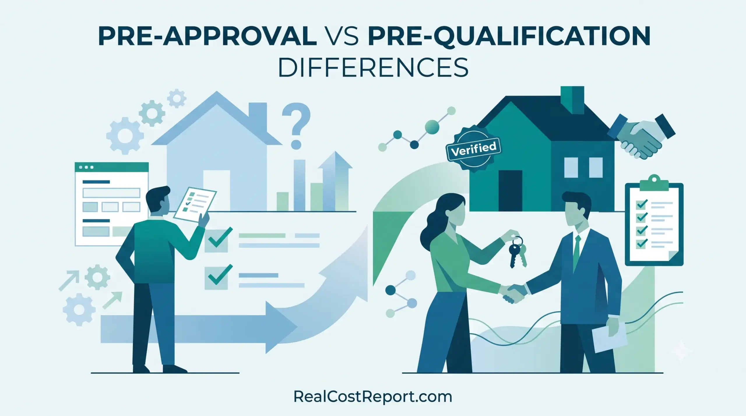 Minimal vector illustration comparing pre-qualification, shown as initial document review, with pre-approval, shown as a verified key exchange.