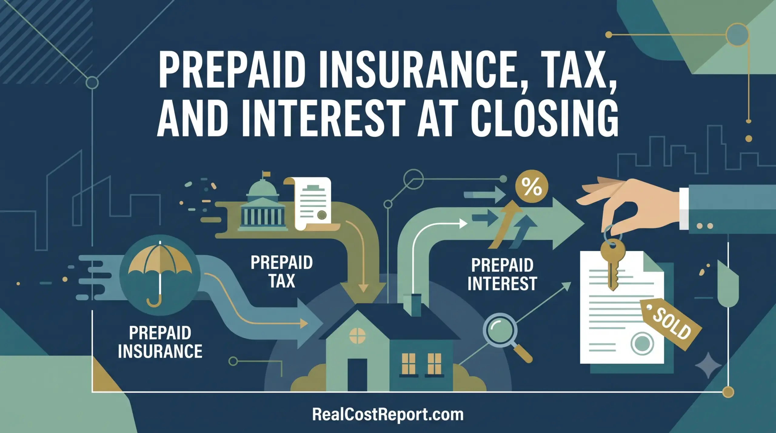 A geometric flat illustration showing how prepaid insurance, tax, and interest payments flow into a house purchase at closing.