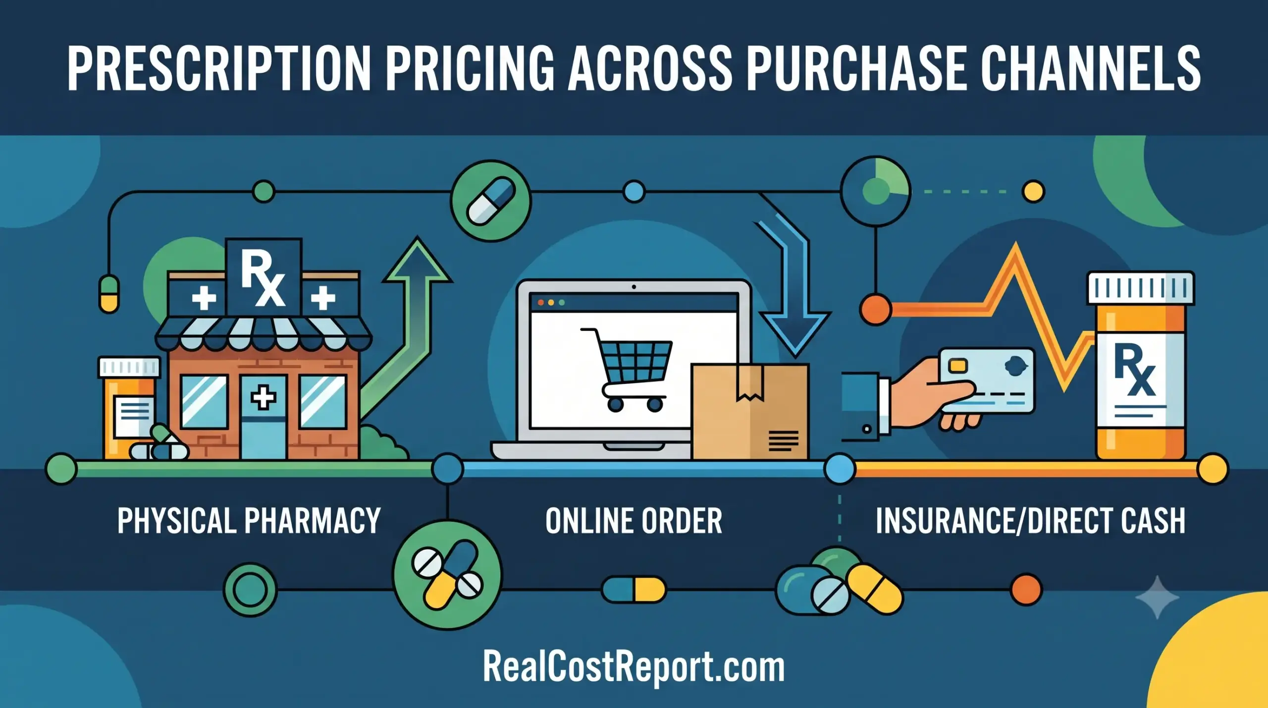 A geometric vector illustration comparing physical pharmacy, online order, and insurance prescription channels.