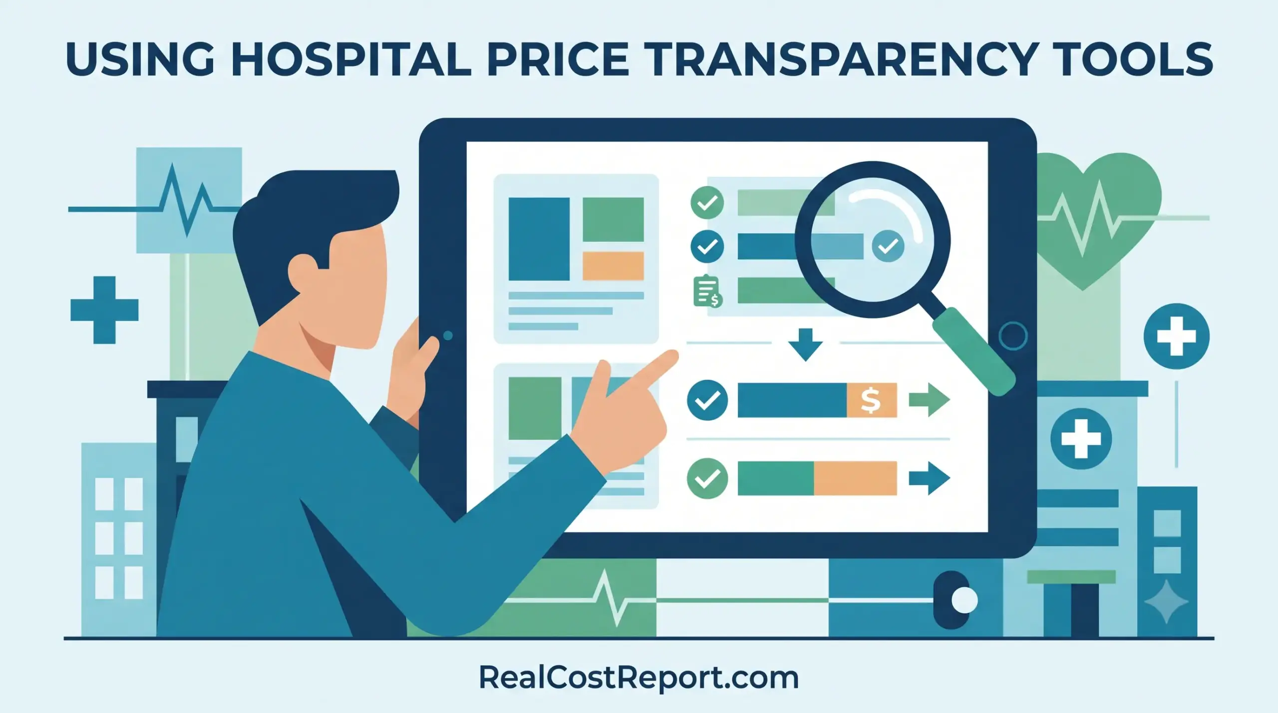 Geometric vector illustration of a person on a tablet comparing medical costs using search tools.