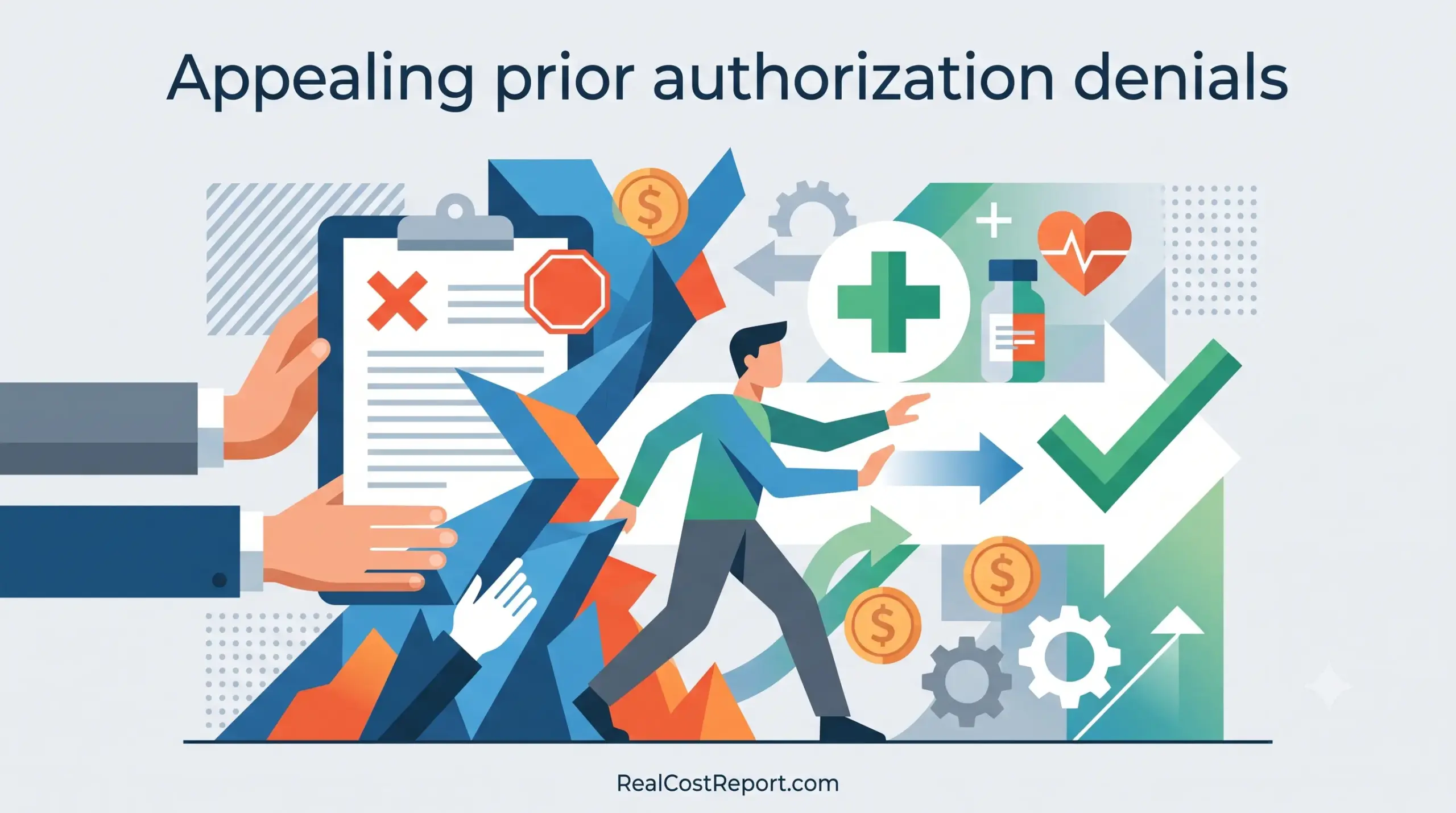 A vector illustration shows a hand holding a denied authorization form while another figure pushes through geometric obstacles to medical services and money symbols.