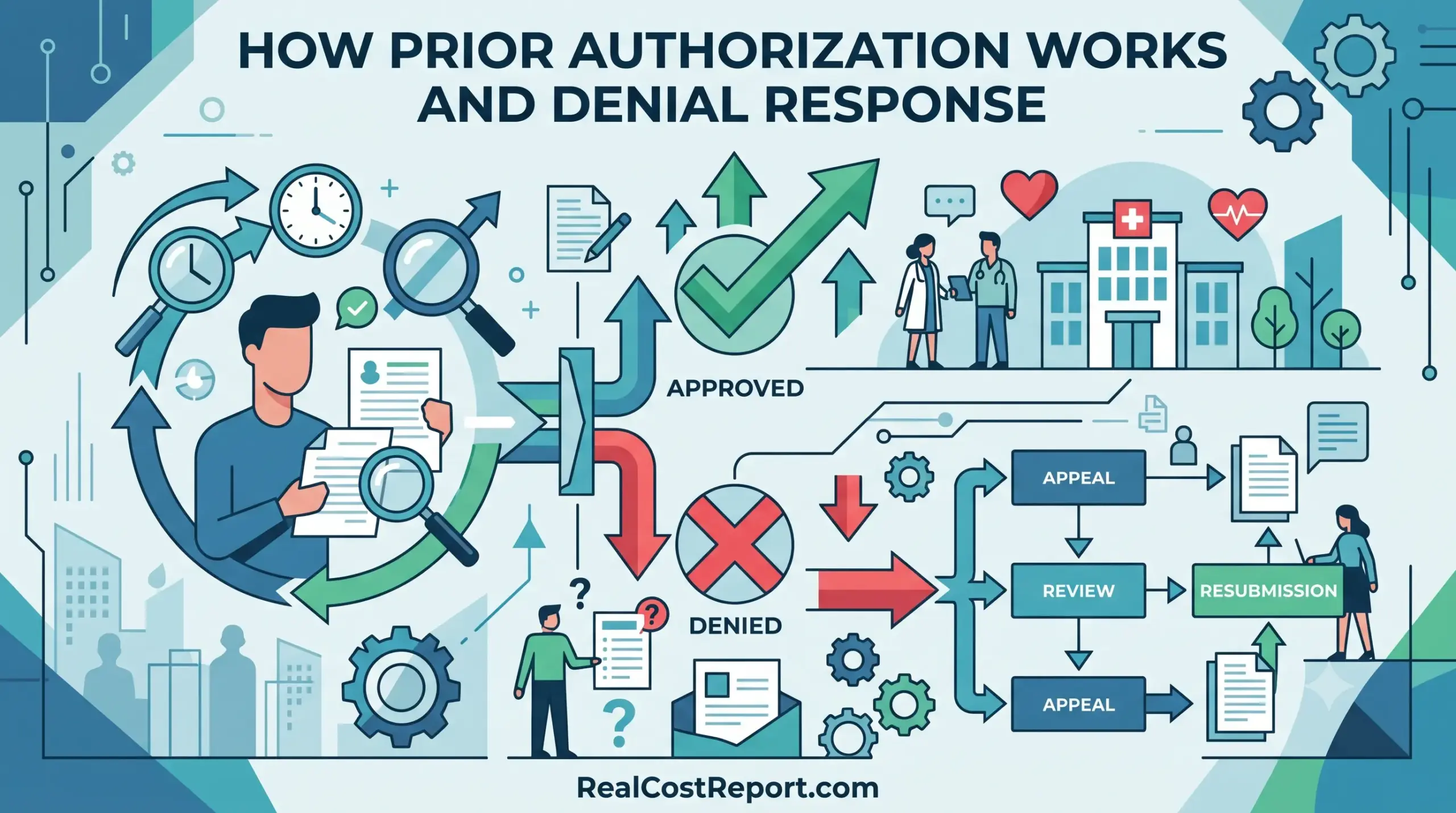 An infographic illustration showing the prior authorization process, with branches for approval and a breakdown of denial response steps like appeal and resubmission.