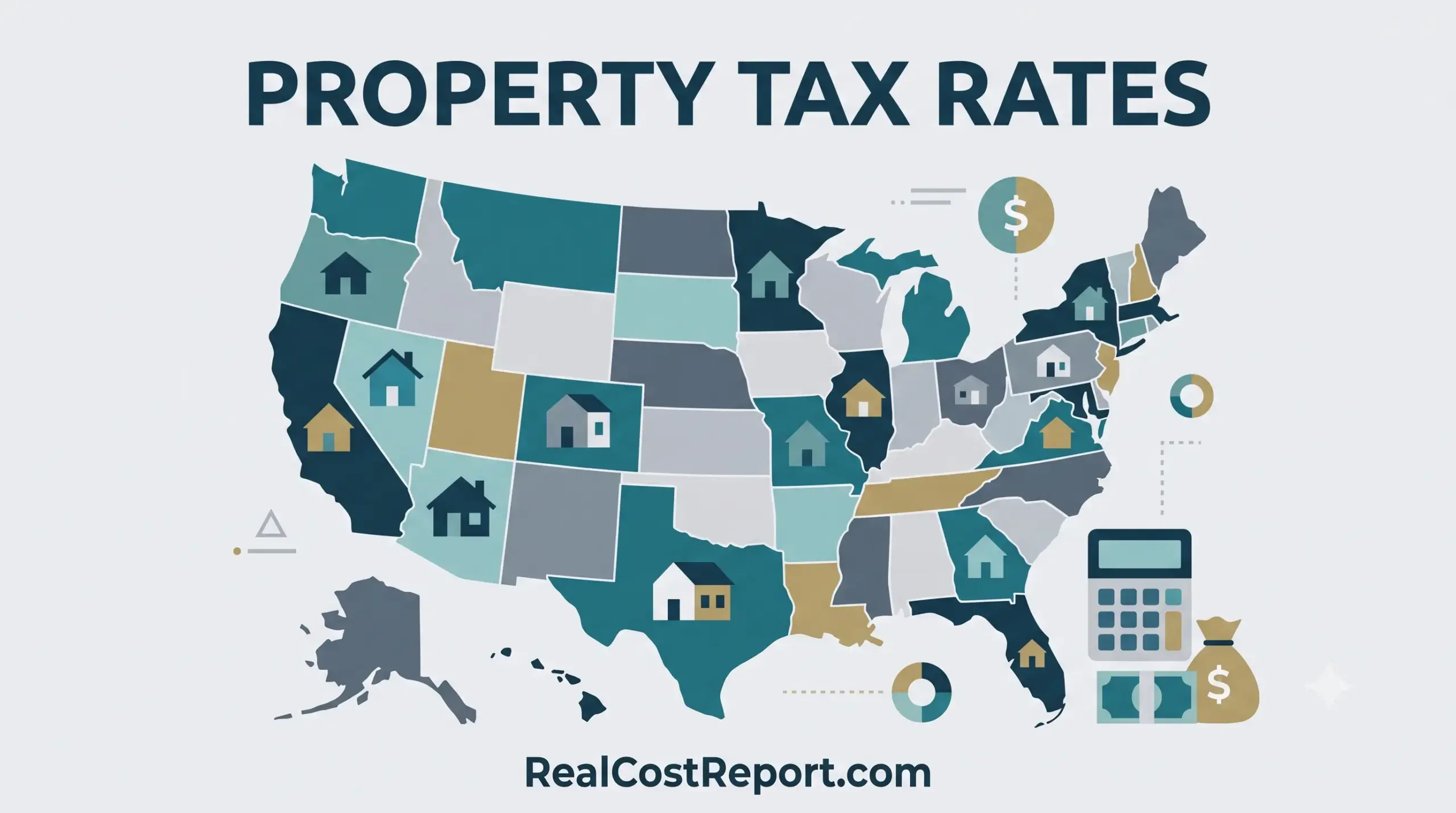A geometric US map illustration for RealCostReport.com analyzing property tax rates across states using house and financial icons.