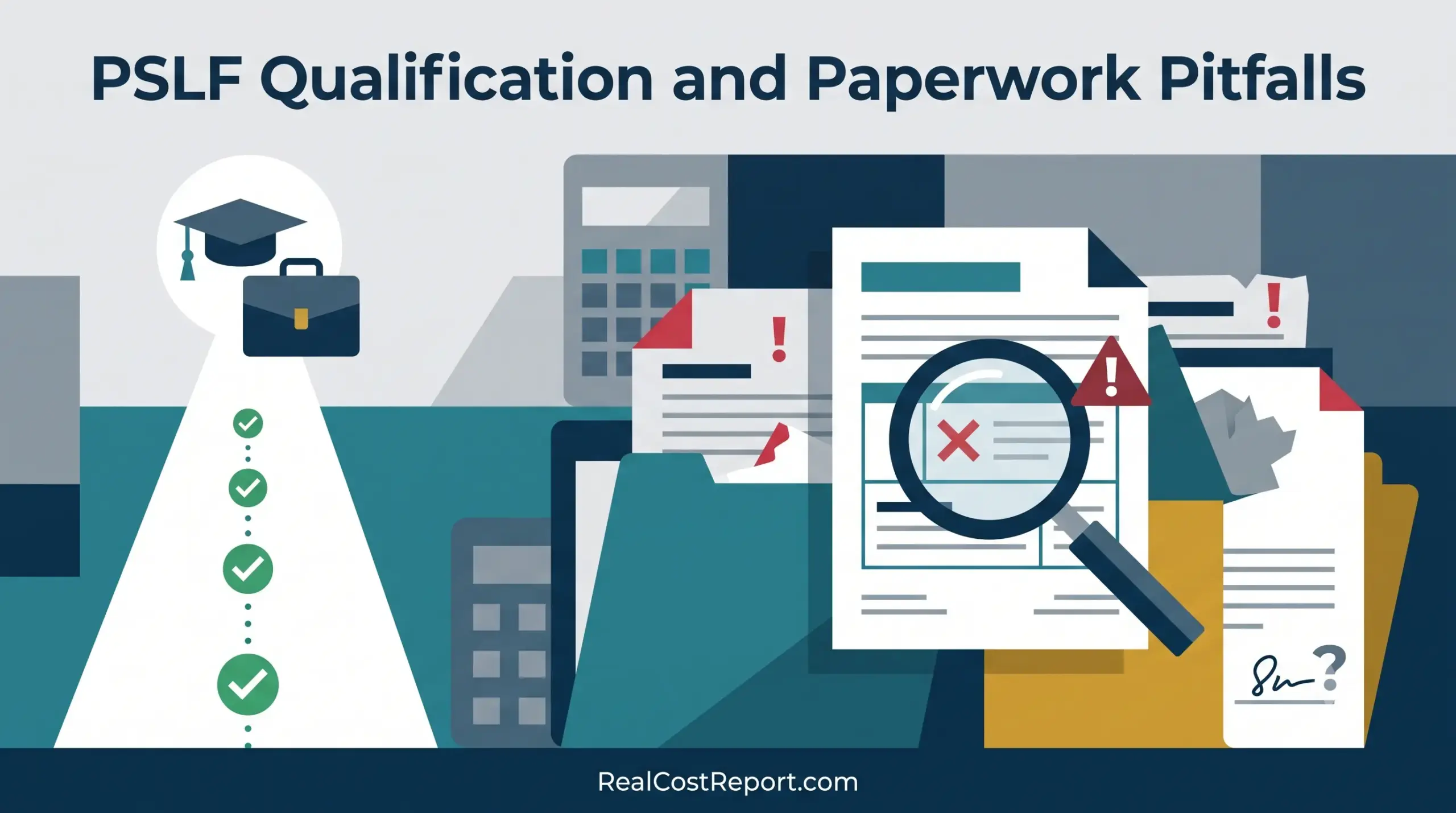 A modern geometric vector illustration showing a successful PSLF qualification path alongside messy, error-marked paperwork and magnifying glasses symbolizing pitfalls.